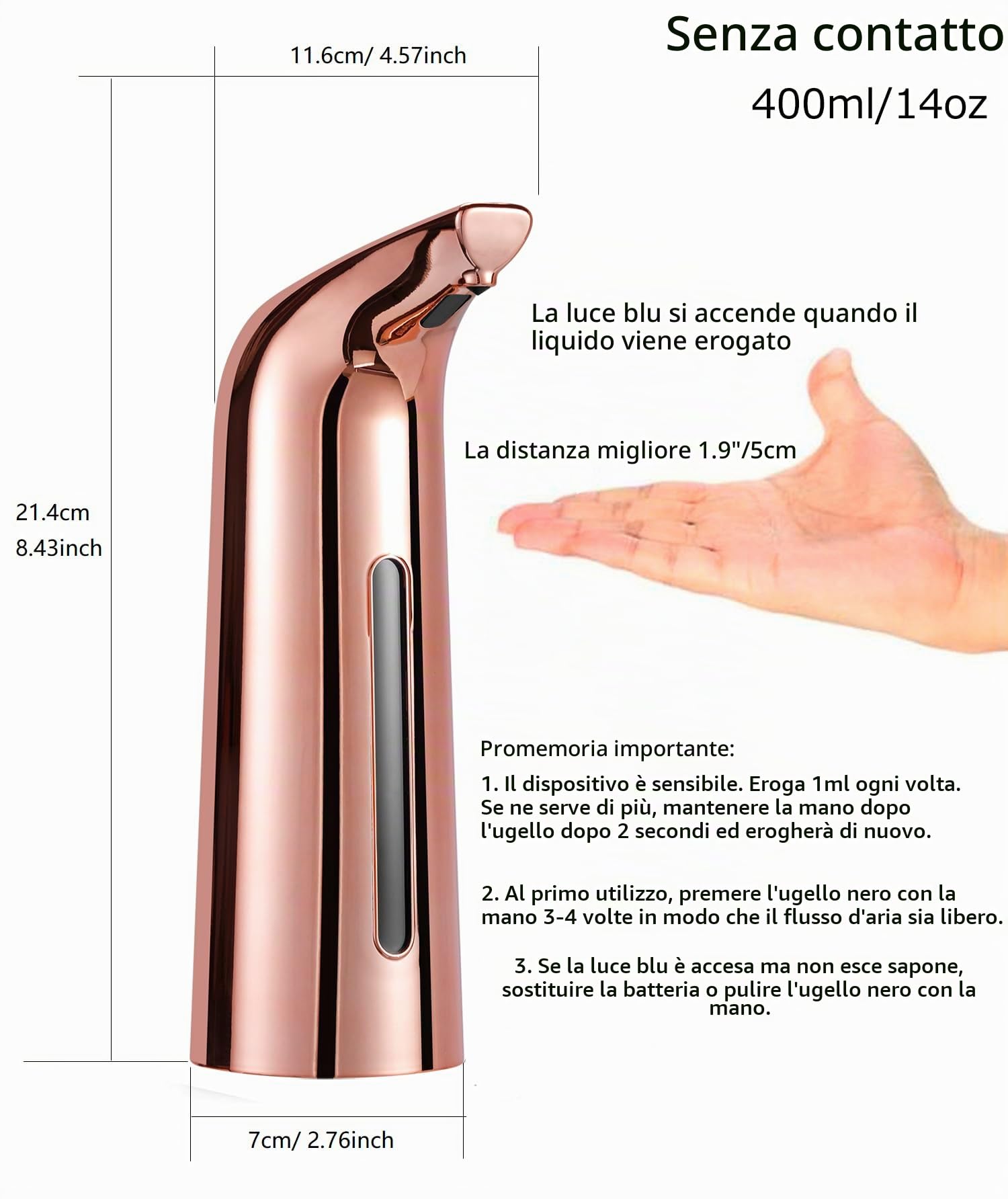 Dispenser di sapone automatico, 4 livelli regolabili, per cucina e bagno, senza contatto con sensore a infrarossi, impermeabile, 400 ml, rosso rame
