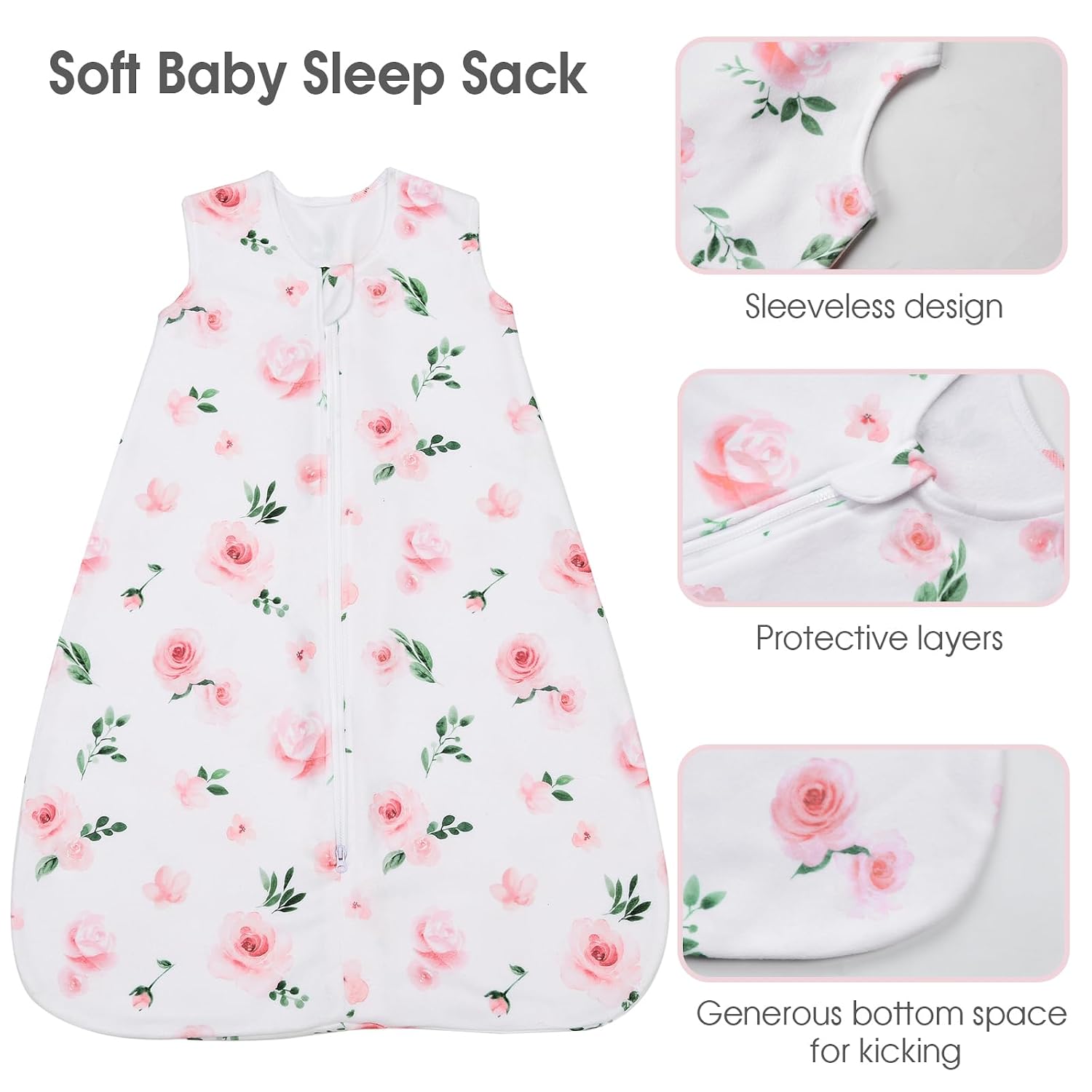 david's kids Micro Fleece Baby Sleep Sack 6-12 Months, Soft Warm Baby Wearable Blankets with 2-Way Zipper, 2 Pack Comfy Sleeping Bags for Infant Newborn Girls Neutral, Medium Size, Floral Flowers