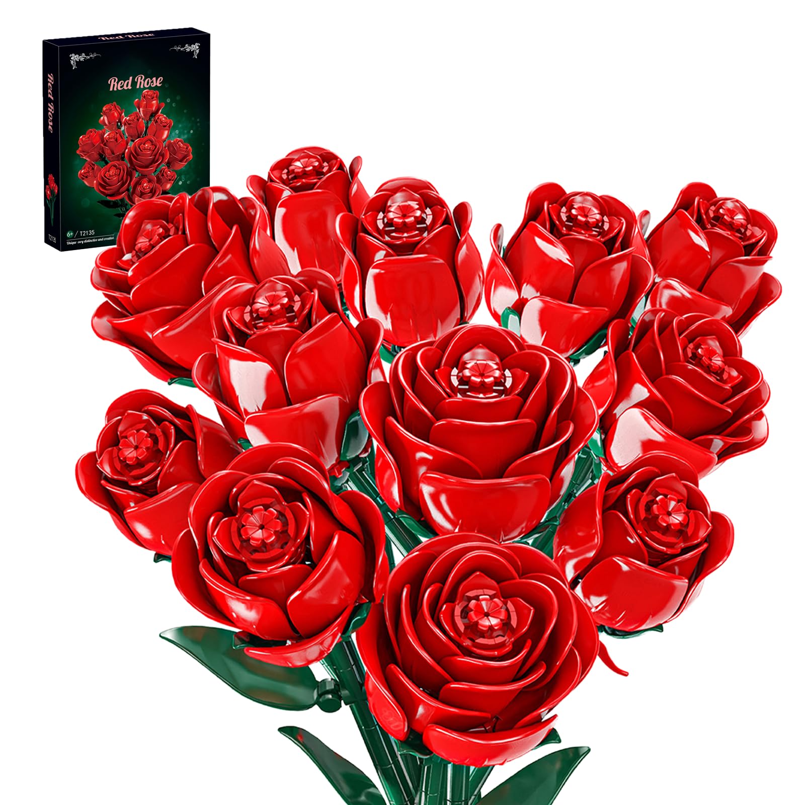 PHOEWON Red Rose Flower Bouquet Building Blocks Set, 12 Roses, 538 PCS
