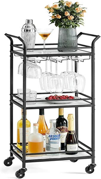 VASAGLE Bar Cart with 3-Tier Shelf, Wine & Glass Holders, Mini Bar for Small Spaces, Black Ink Black Engineered Wood
