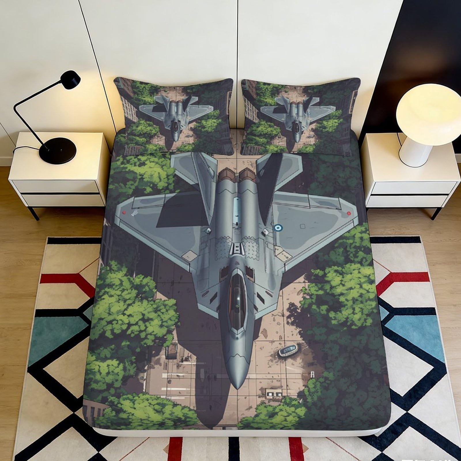 Decorative Fighter Jet Fitted Sheet 3D Printed Microfiber, Soft Touch, Bed Cover for Bedroom, Guest Room, Wrinkle Resistant, Apartment Bedding, Easy Care 90x200x25cm