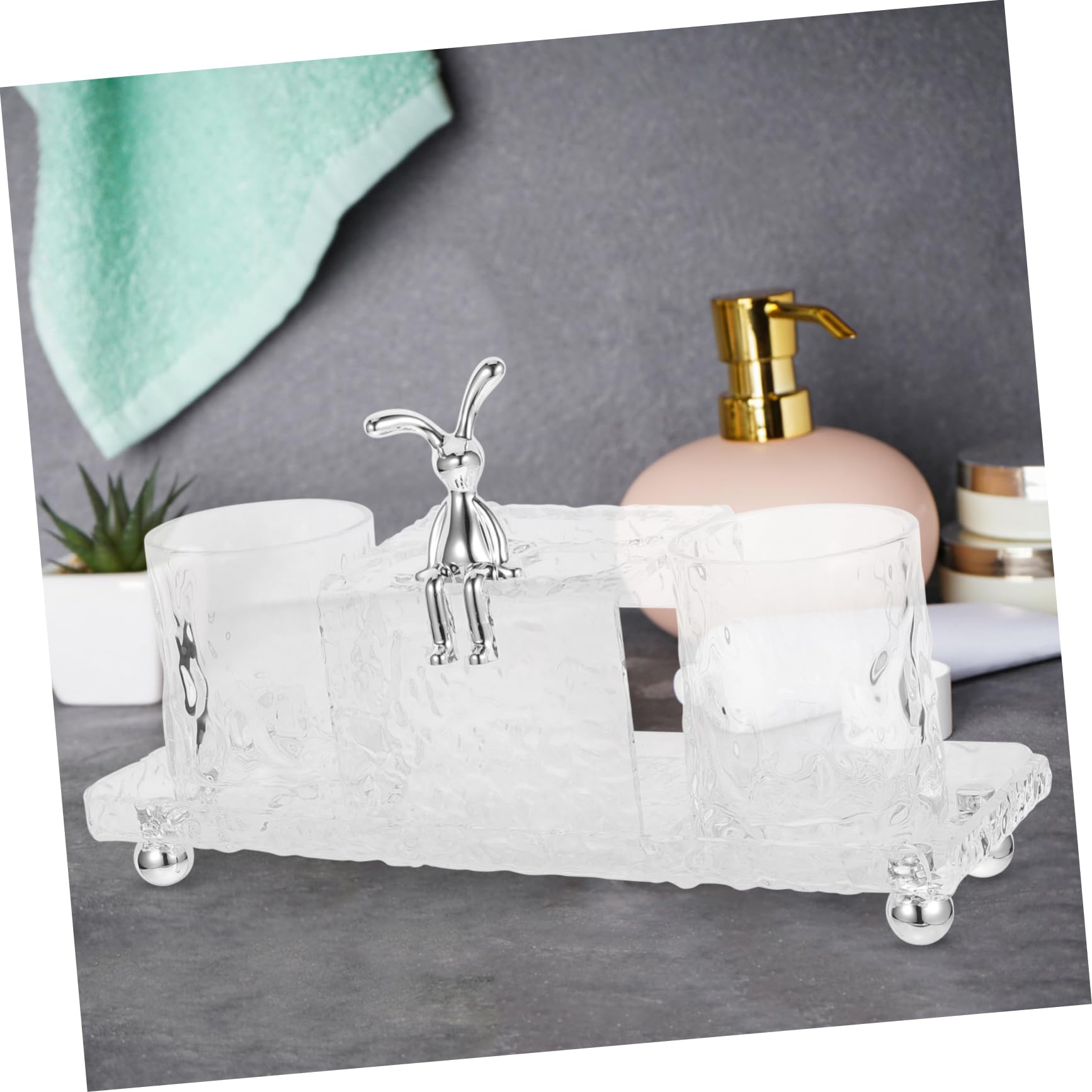 WOONEKY Zahnbürstenhalter für Badezimmer mit 2 Bechern Acryl Aufbewahrungsschale Organizer Tablett für Arbeitsplatte Zahnputzbecher für Kinder