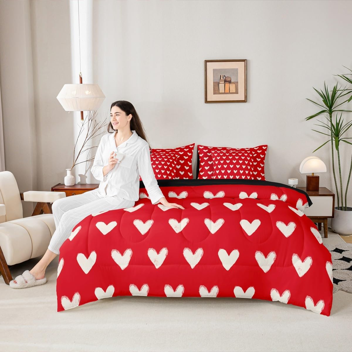 Erosebridal Red White 7 Pcs Comforter Set King Cute Heart Pattern Bed in a Bag for Kids Boys Girls Valentine Day Quilt Cartoon Love Geometric Sheet Set Love Heart Soft Warm Bedding Set Bedroom Decor