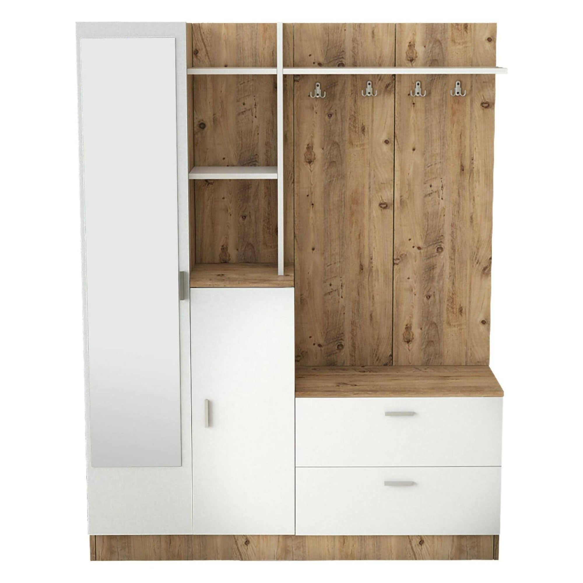 Dmora Mobile da Ingresso Homam, Entratina Appendiabiti, Composizione per atrio, Consolle portaoggetti Multifunzione, 140x37h182 cm, Quercia e Bianco