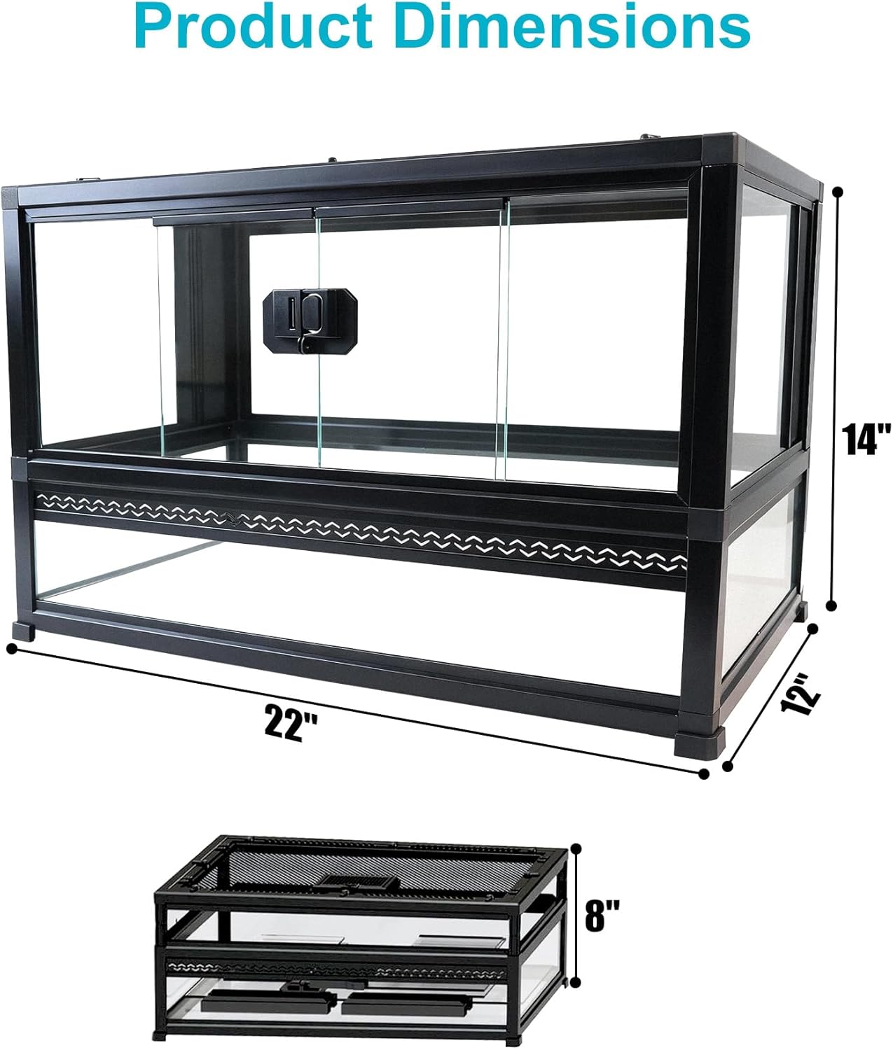 Reptile Terrarium Glass Enclosure 22" × 14" × 12", Front Opening Tank with Mesh Top, Easy Assembly for Small Reptiles, Geckos, Lizards, Snakes, Turtles & More