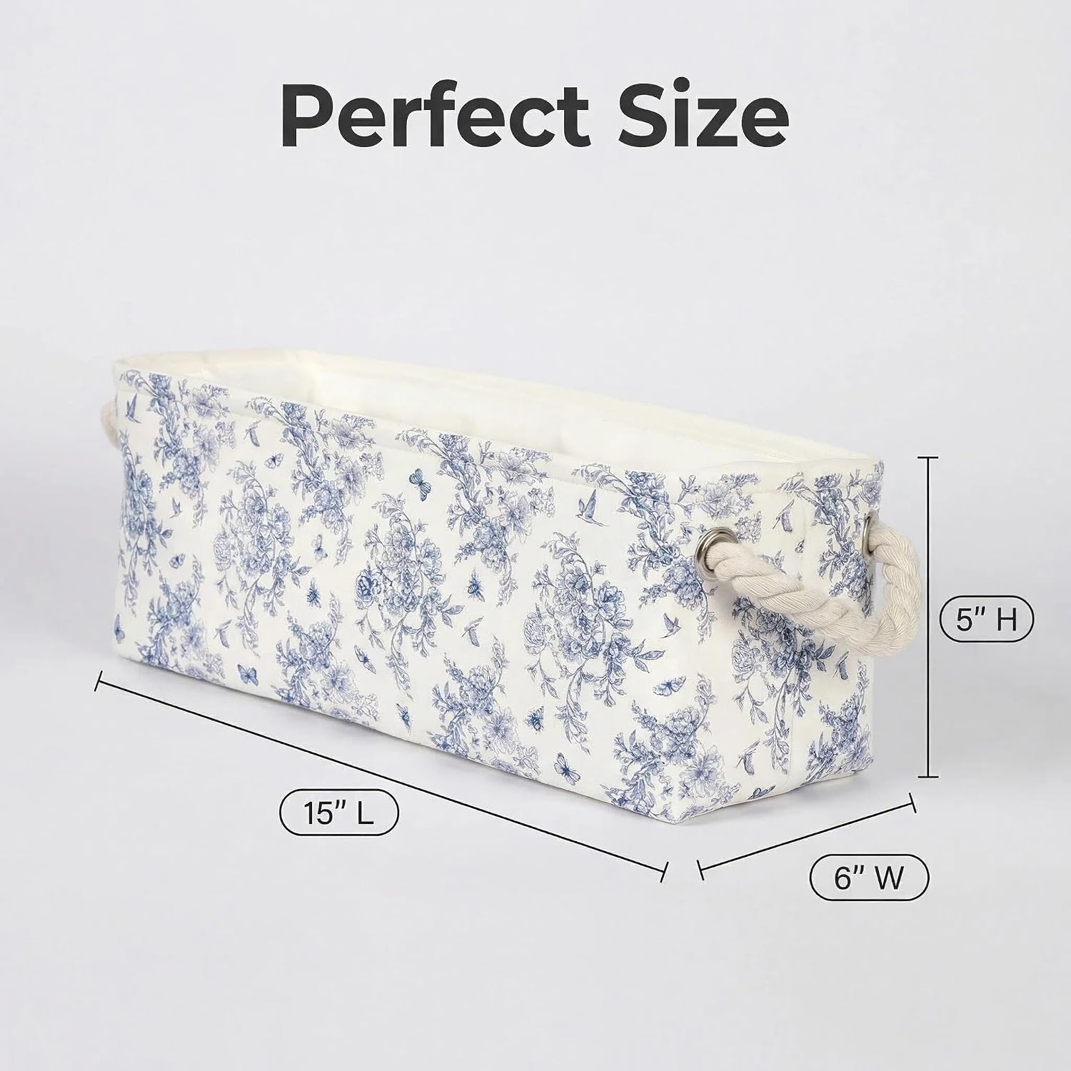 3PC Floral Narrow Storage Bins 15x6x5 inch Blue Flower Small Basket for Closet,Cabinet,Countertop Organizing Small Items Fabric Organizer with Handles, Toilet Paper Storage (Blue flower)