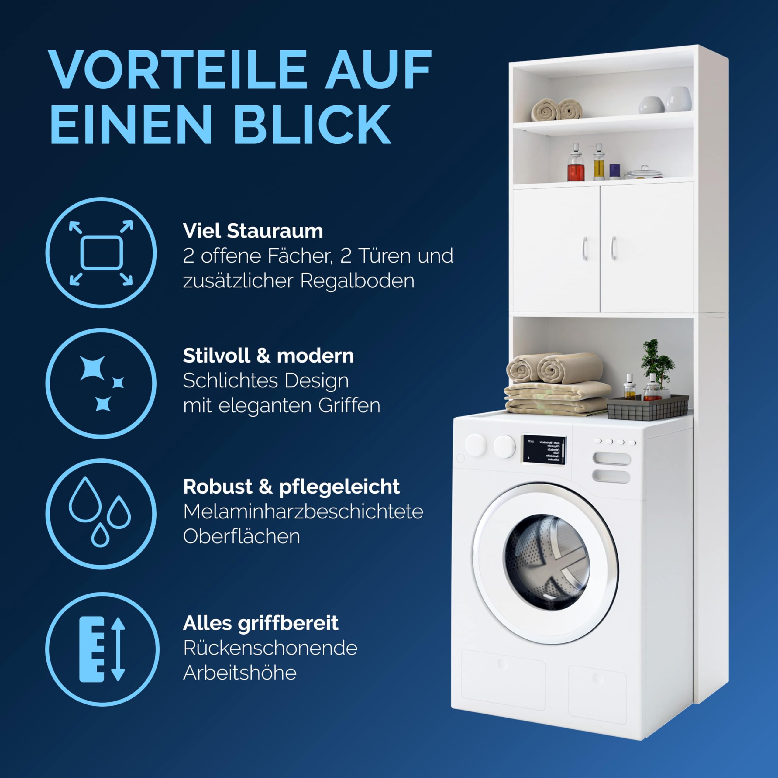 Casaria® Waschmaschinenschrank 185x63x20cm 2 Türen Badschrank Hochschrank Badezimmer Waschmaschine Überbau Bad Regal Weiß