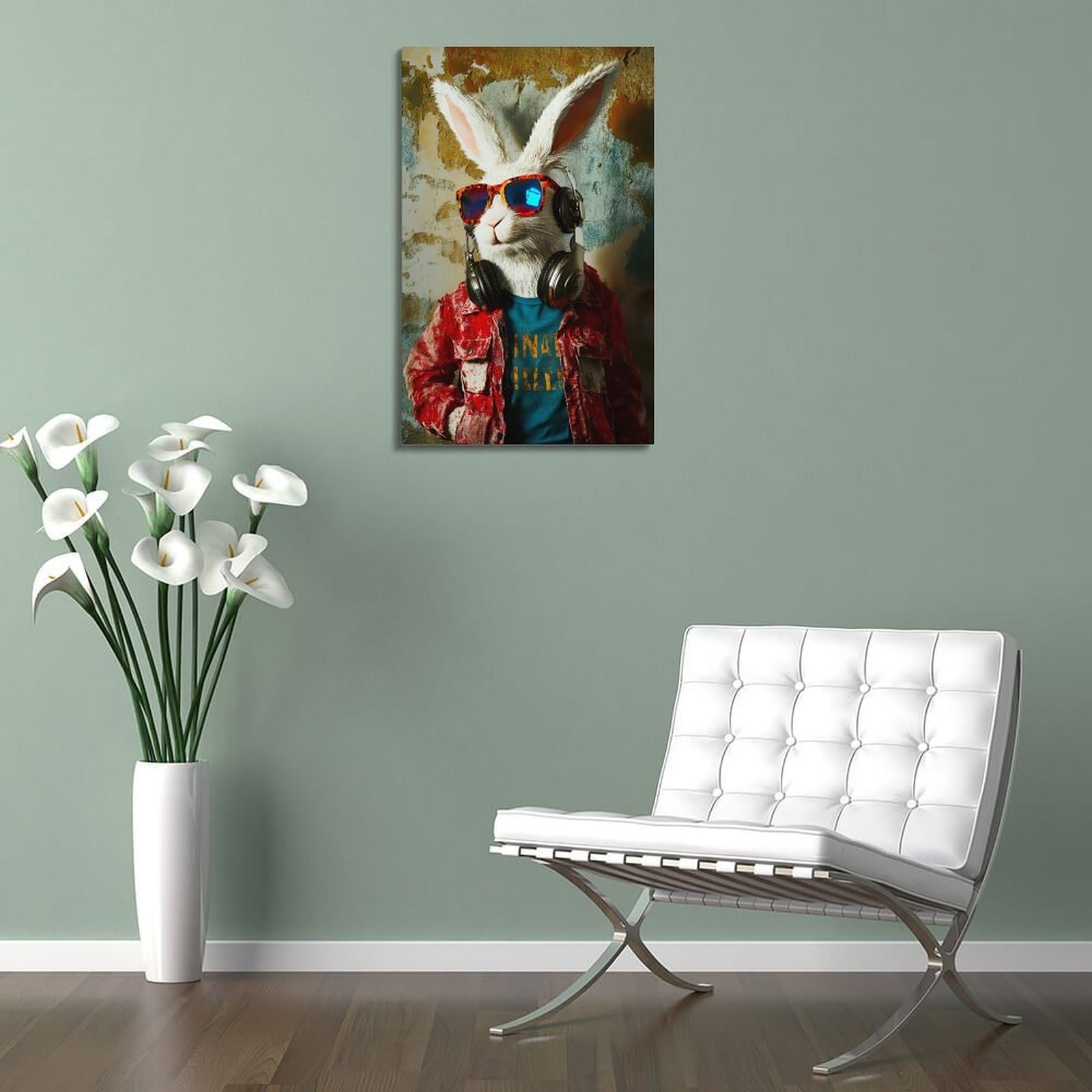 Poster decorativo da parete con coniglietto bianco, coniglietto hip hop con cuffie da appendere, poster per stanza dei giochi, camera da letto dei ragazzi, camera da letto, uomo, grotta, casa, bar, 40