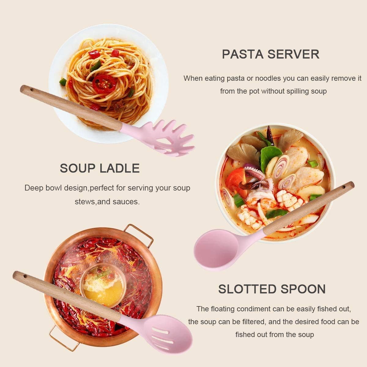 Silicone Cooking Utensil Set,Kitchen Utensils 15 Pcs Cooking Utensils Set,Non Stick Heat Resistant Silicone，Cookware with Wood Handle (Pink) : Home & Kitchen