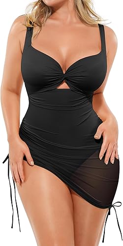 SHAPELLX Traje de baño de una pieza para mujer, con control de abdomen, cobertura completa, con falda cruzada de malla, vestido de natación modesto