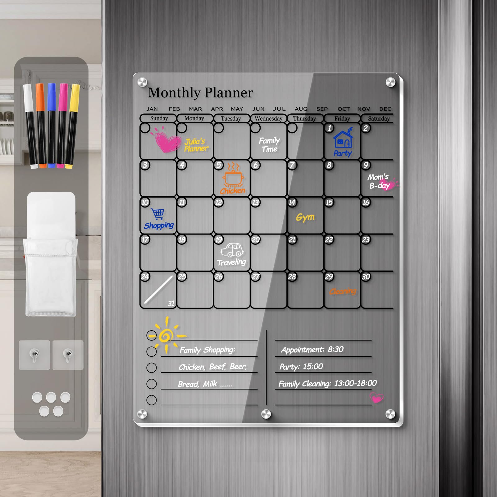 Magnetic Acrylic Fridge Calendar 2024, Clear Dry Erase Board Calendars for Fridge, 2 in 1 Monthly Calendar Reusable Planner, Family Calendar WhiteBoard Planning Include 5 Color Marker Holder (Black)