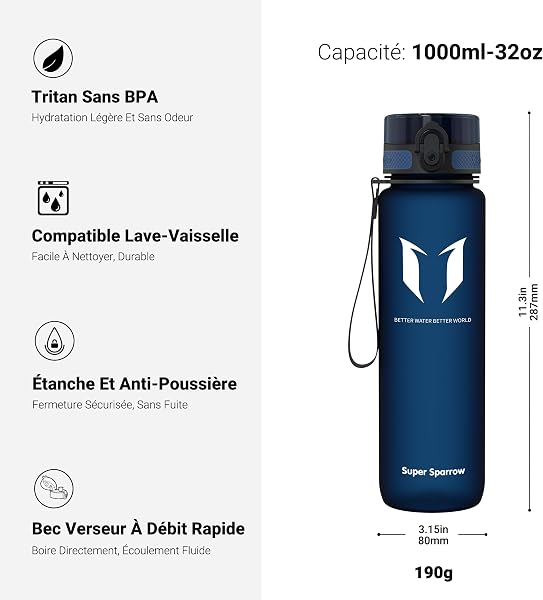 Super Sparrow Bouteille d'eau - Gourde - 350ml/500ml/750ml/1000ml - sans BPA - Convient pour Le Sport, la randonnée, l'école, Le Bureau, en Plein air - 3