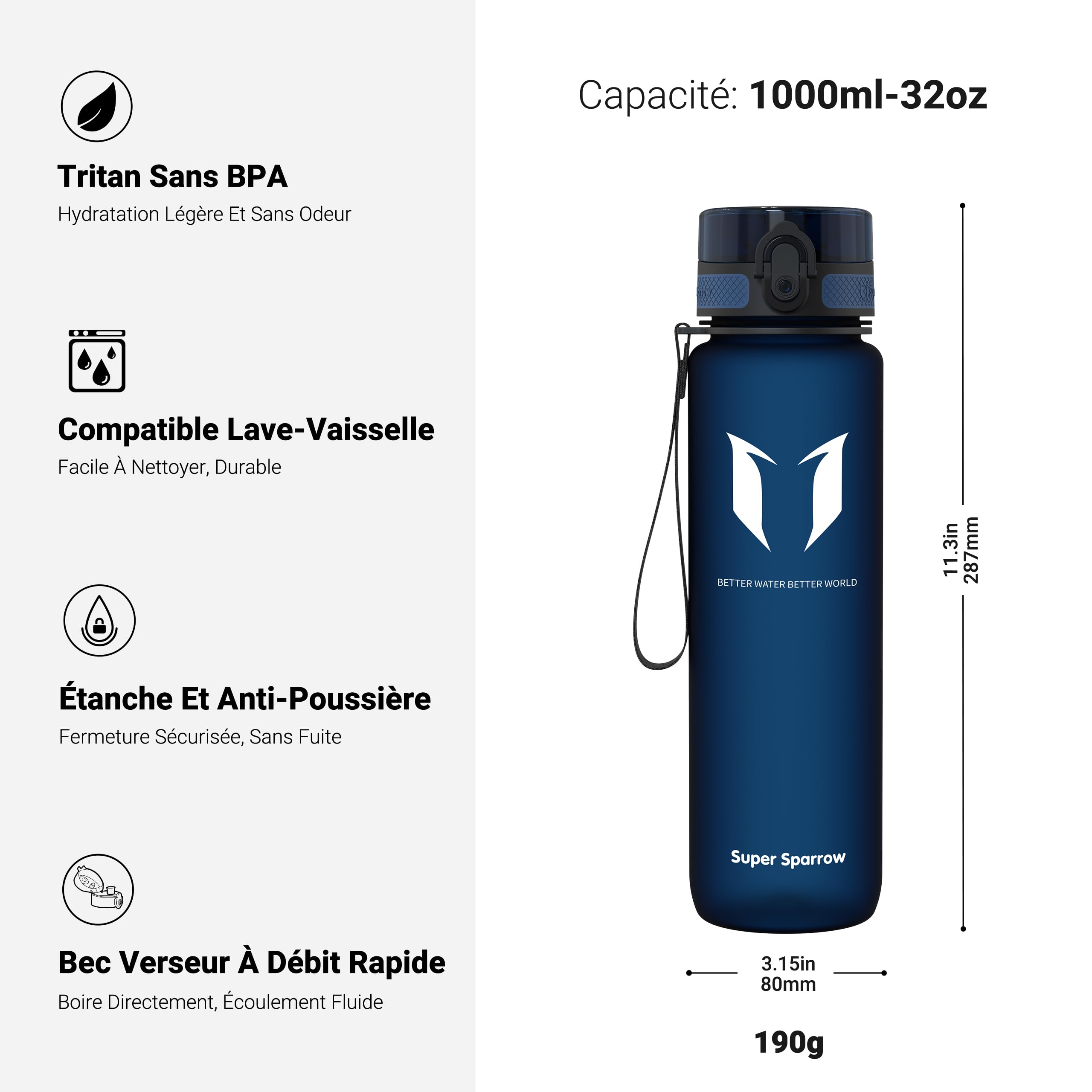 Super Sparrow Bouteille d'eau - Gourde - 350ml/500ml/750ml/1000ml - sans BPA - Convient pour Le Sport, la randonnée, l'école, Le Bureau, en Plein air