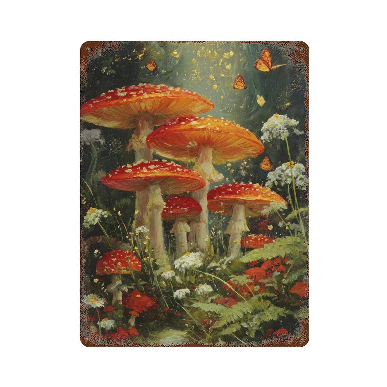 Enchanted Forest Mushrooms Distressed Metal Wall Sign 15.7"x11.8", Ideal for Patio, Garden Room And Bar Decor