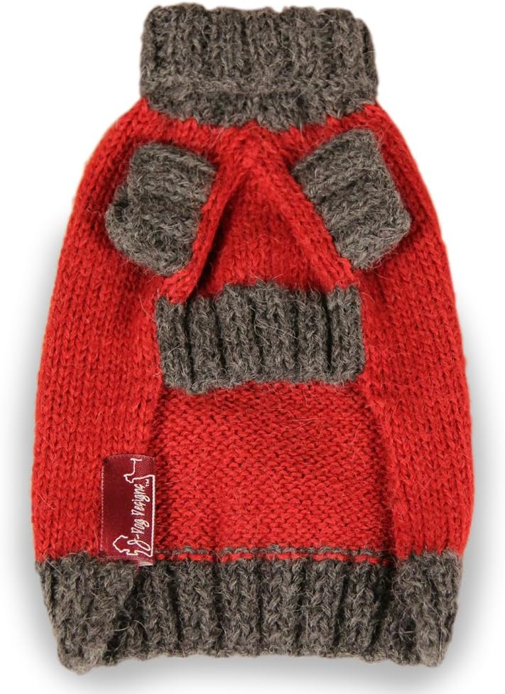Turtleneck Dog Sweater: Gray and Red Hand-Knit Sweater Made from 100% Soft Alpaca (Medium)
