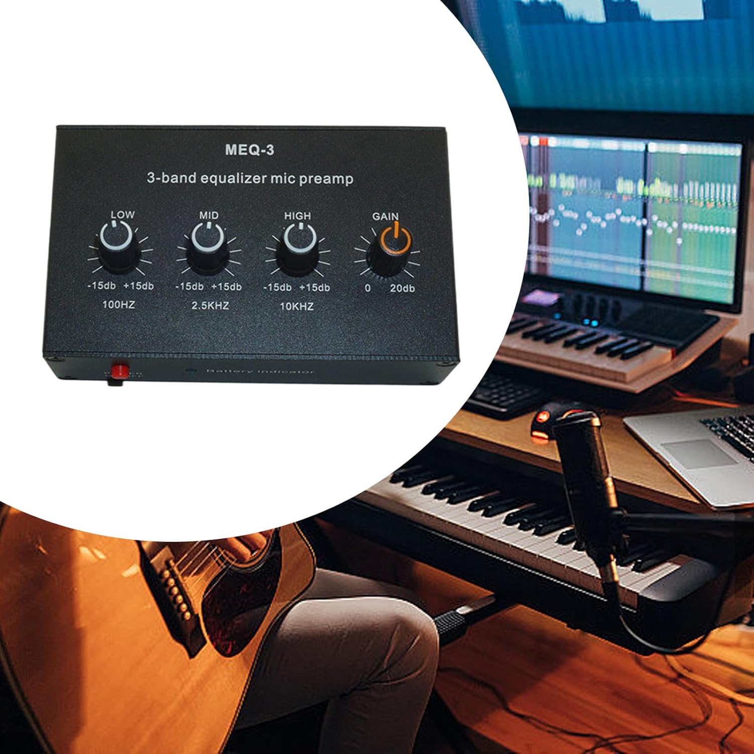 Professional Sound Mic Preamp with 3Band Equalizers Microphone Preamplifier 20dBGains Boosts Long Battery Use