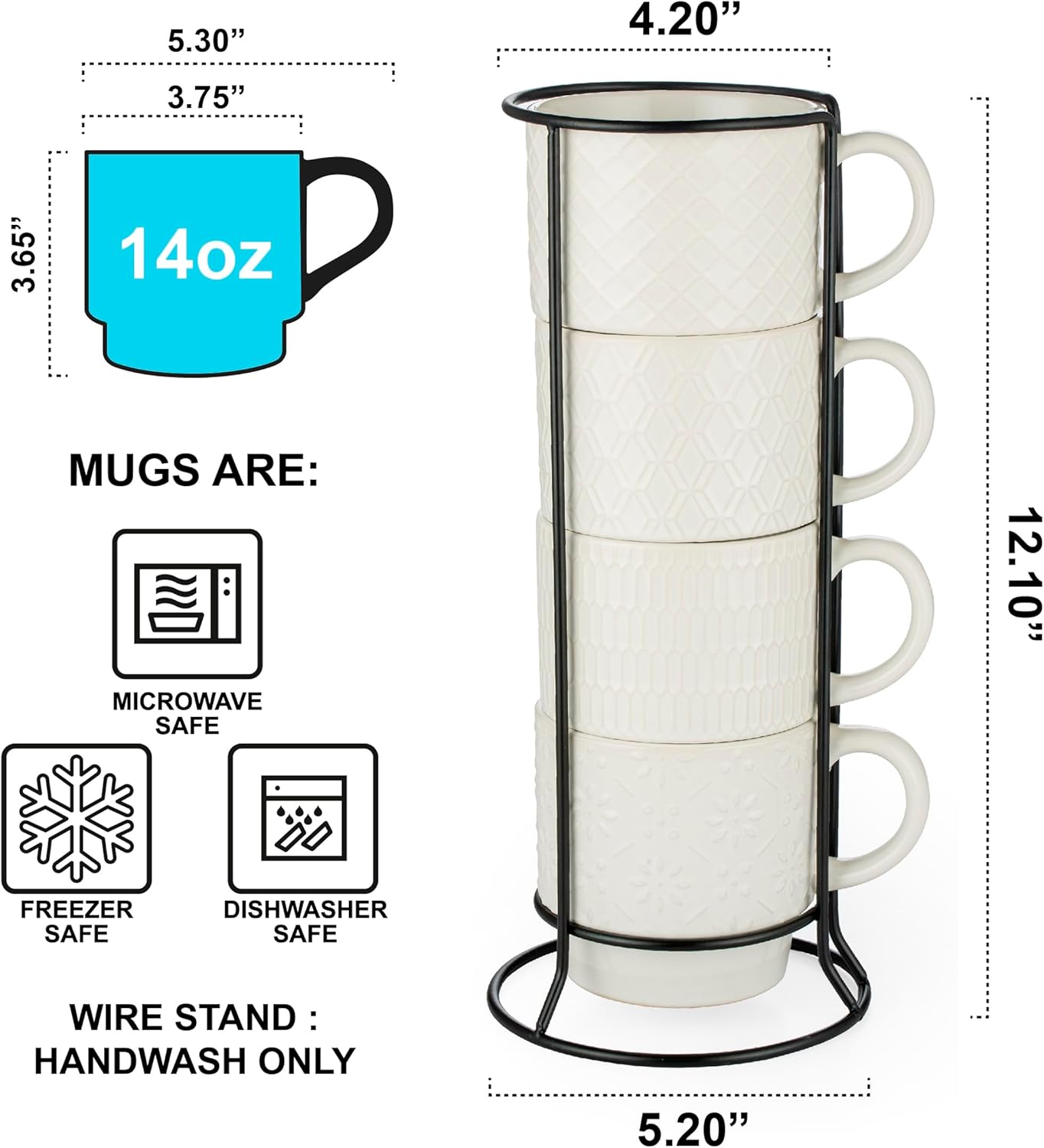 Signature Housewares Stackable Coffee Mug Tower Set with Metal Wire Rack - 15 Ounce Coffee Mugs for Coffee, Tea, Cocoa, Milk, Cappuccino, Hot Chocolate Set of 4 - White Glazed Ceramic - Image 2