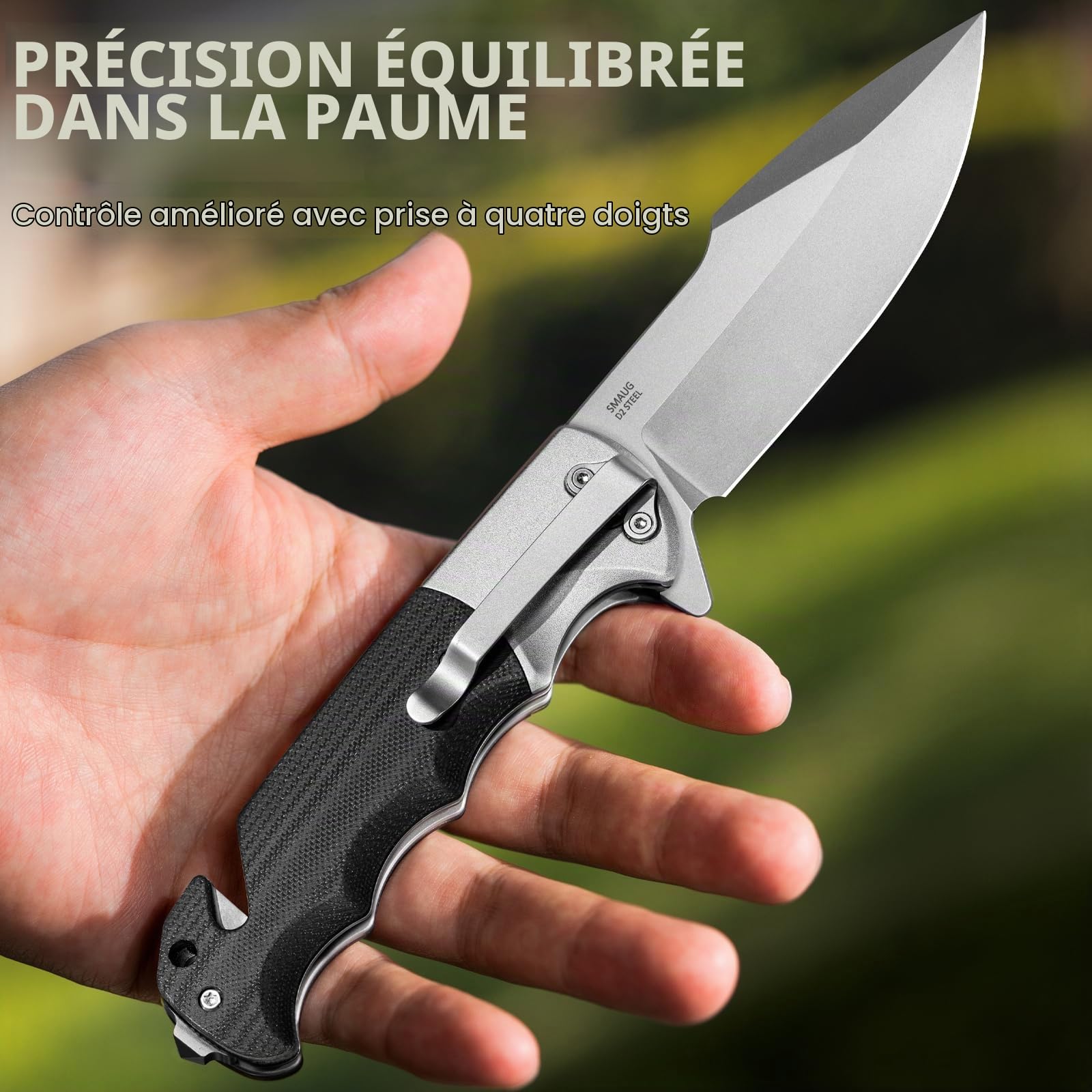 LOTHAR SMAUG Couteau Pliant Couteau à Une Main, 9,5 mm en acier D2 Couteau de Sauvetage Avec Manche G10, Liner Lock