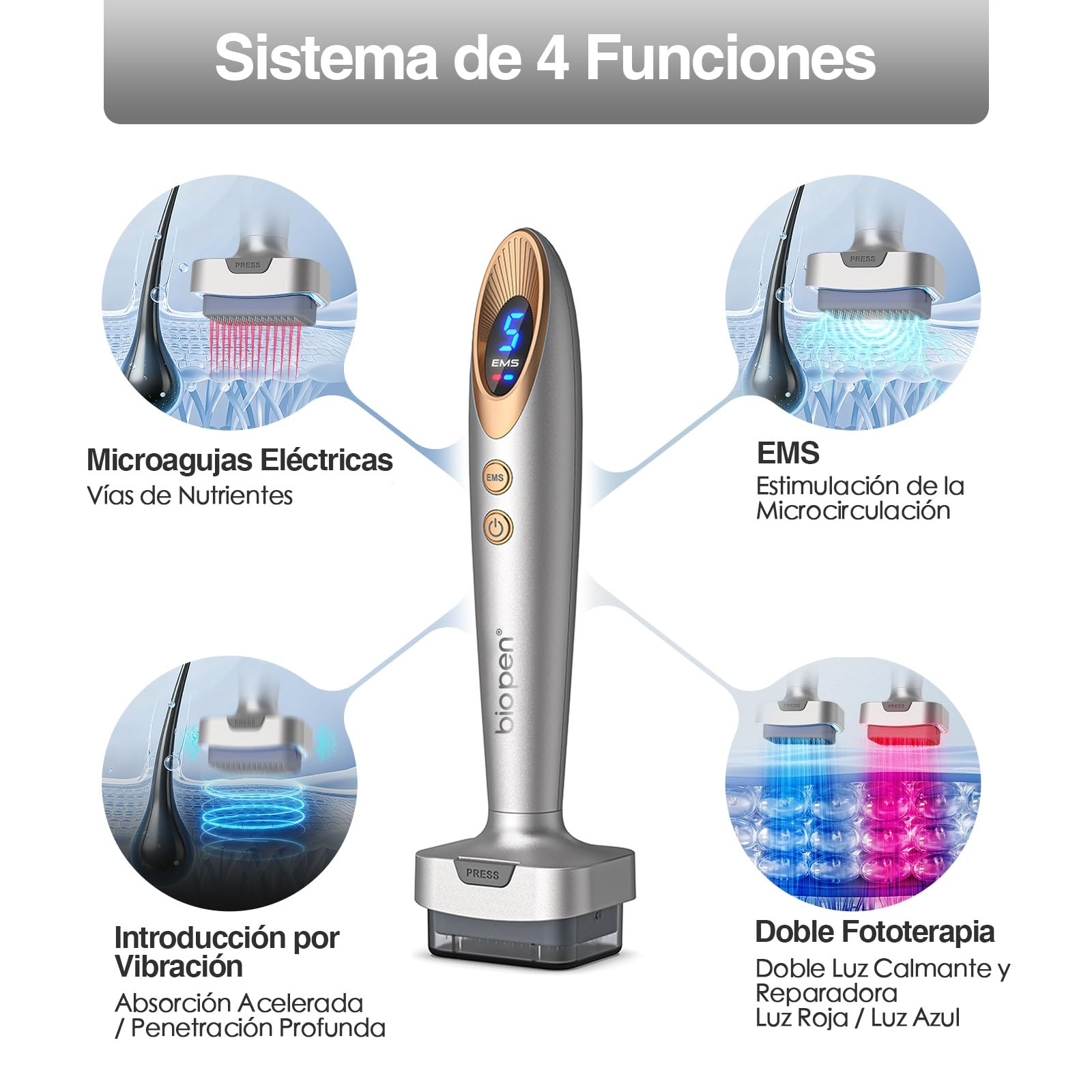 Biopen Derma Stamp 140 Pins, Microneedling + Vibración + Luz LED con 2 Cabezales Reemplazables (0,5 mm) para Cabello Debilitado/Crecimiento de la Barba/Cuidado Facial (Oro Blanco)