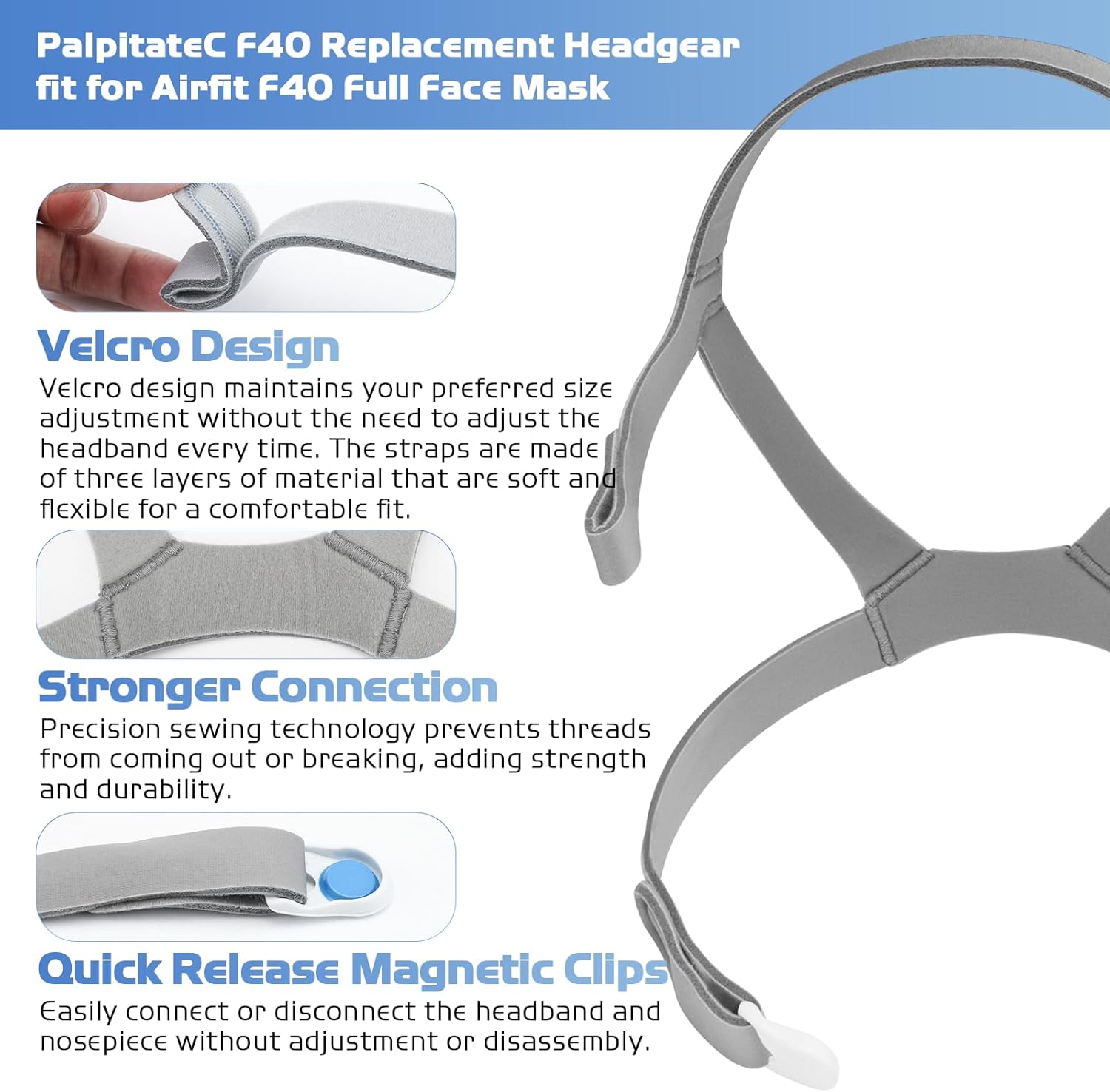 PalpitateC 2Packs F40 Replacement Headgear Compatible with ResMed Airfit F40 Full Face Mask for Adjustable Home Mask Headband with 4 Magnetic Headgear Clips Large - Image 5