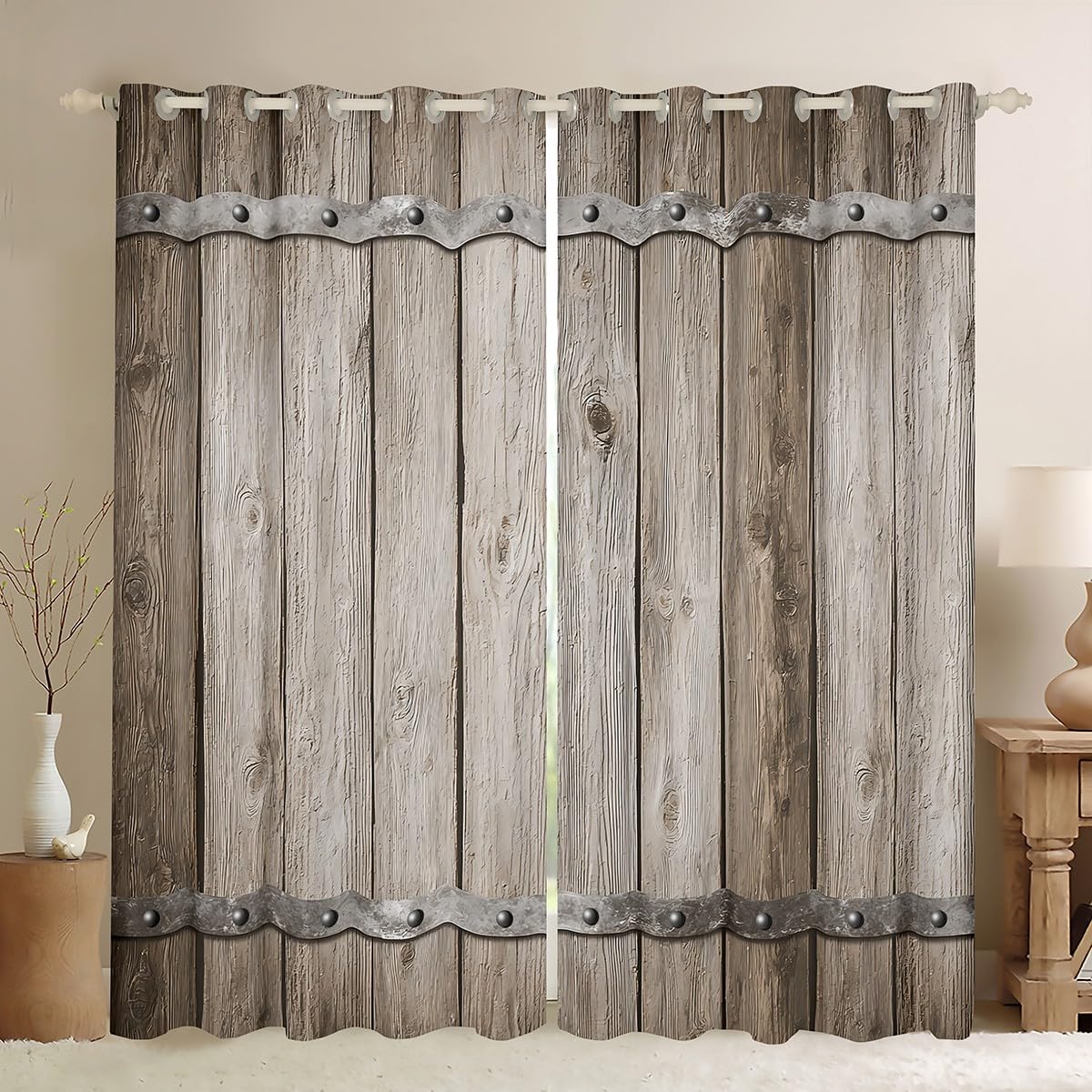 Feelyou Rustic Barn Door Darkening Drapes (2 Panels, 38 x 54 Inch) Wood Grain Texture Art Print Curtains for Bedroom Farm Farmhouse Decor Blackout