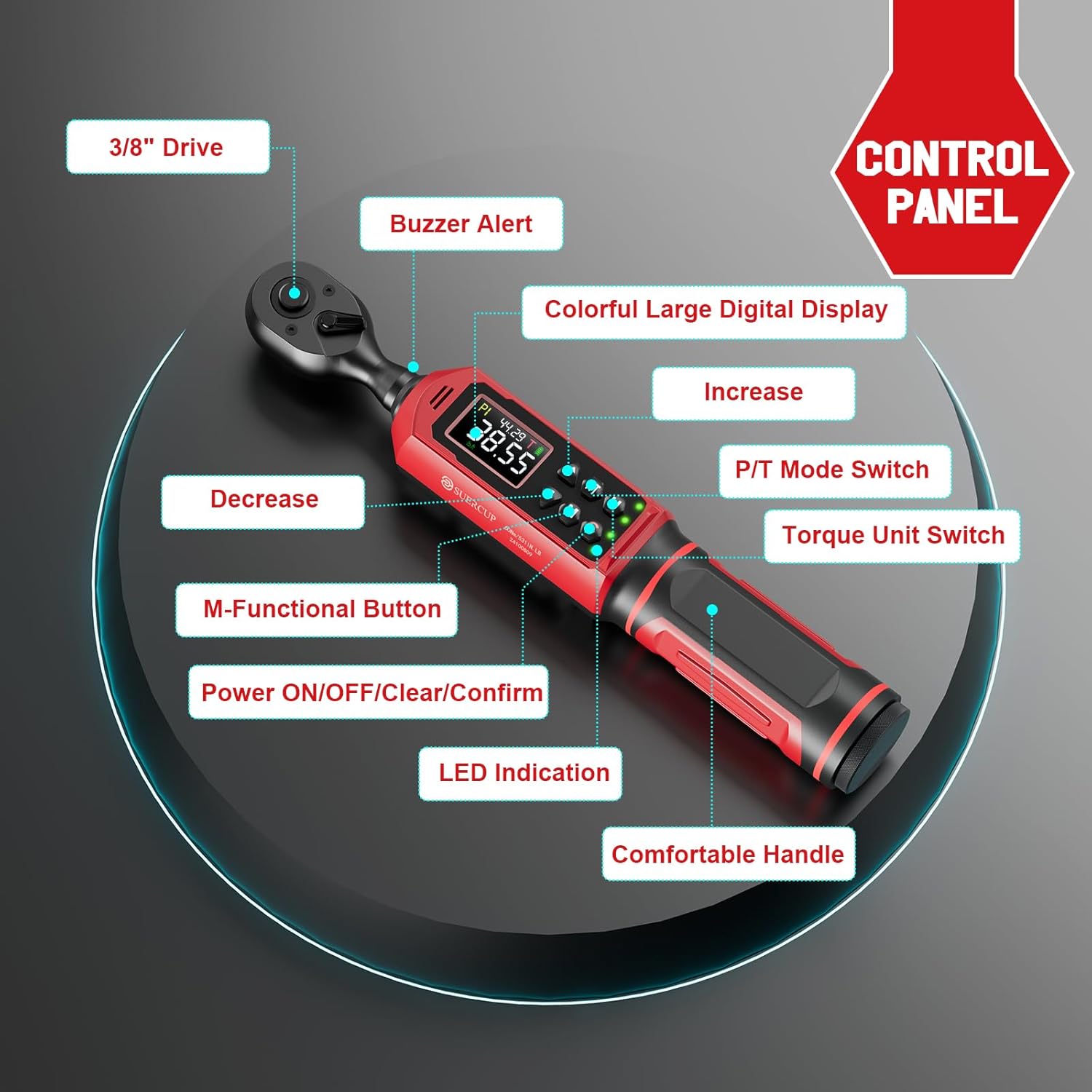 SUERCUP 3/8-inch Digital Torque Wrench(0.66-44.29Ft.Lb/0.9-60N.m) ±1% Accuracy Digital Torque Wrench with Vibration, Buzzer,LED Notification and Five Units of Measure, for Bike, DIY and Home Repair