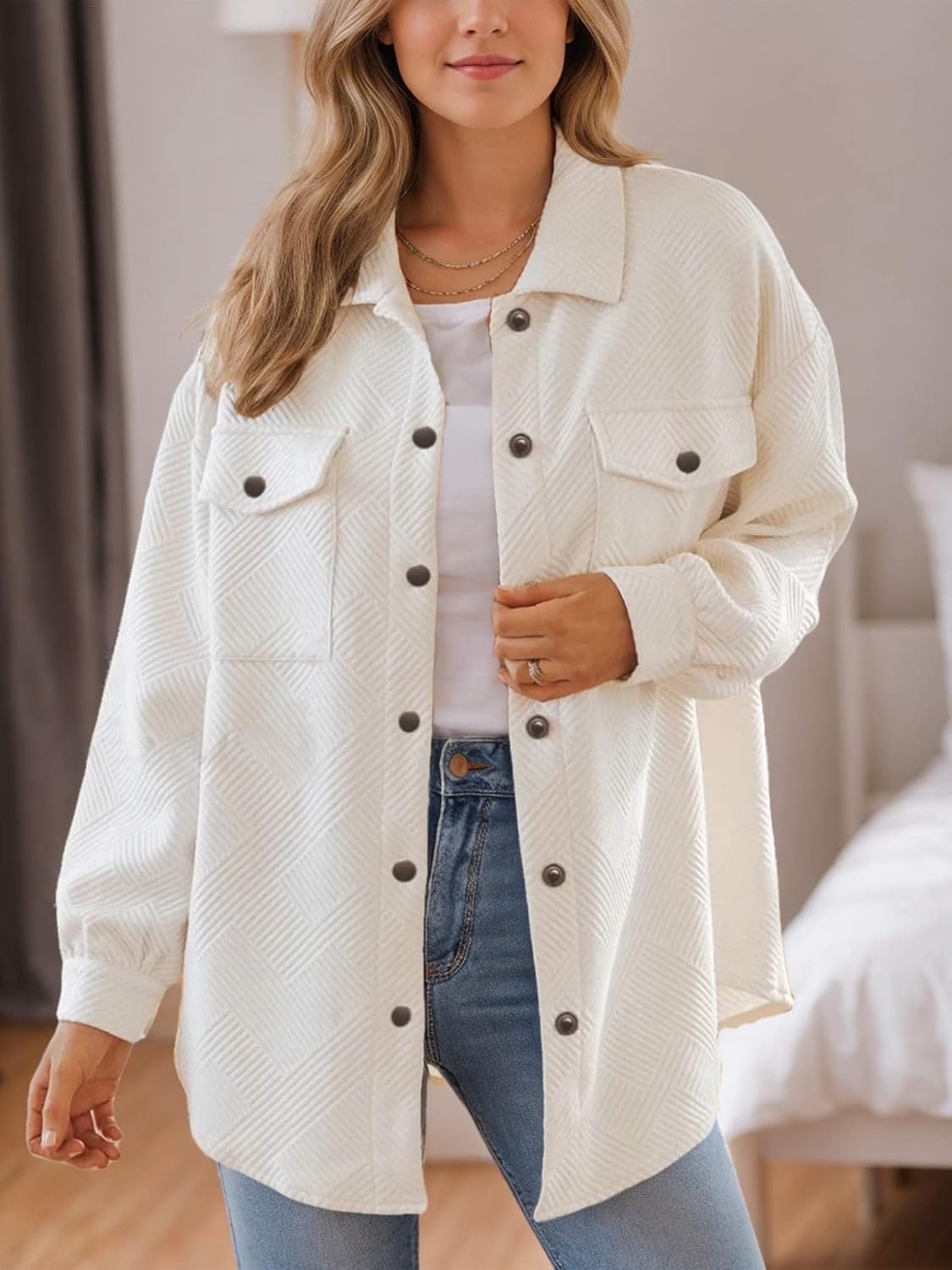 Women's Button Down Shacket Jacket - Casual Long Sleeve Oversized Shirt with Pockets for Spring Fall - Image 3