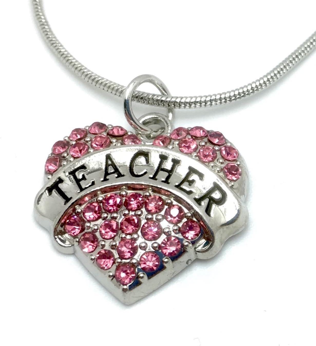 Teacher Heart Necklace With Rhinestones On Snake Chain
