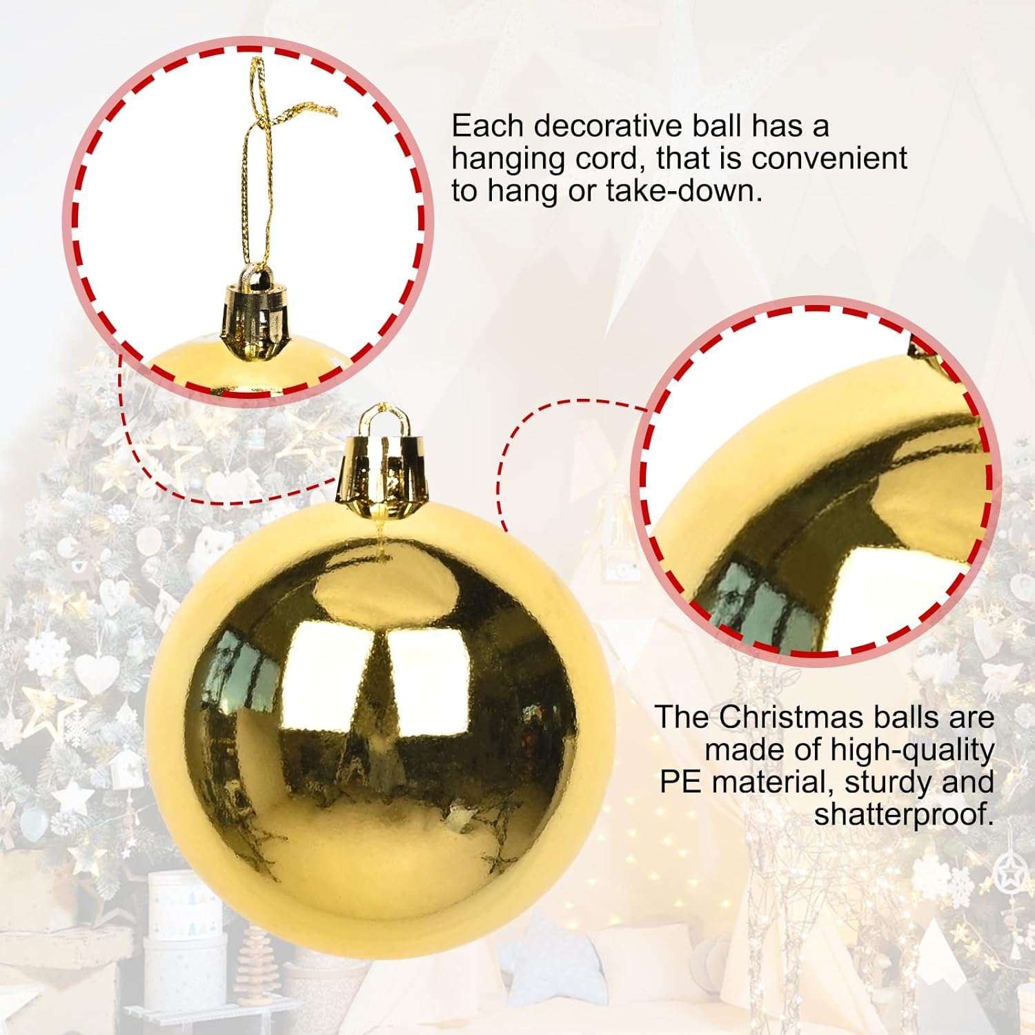 100PCS Christmas Balls Ornaments, Gold Shatterproof Hanging Xmas Tree Decorations