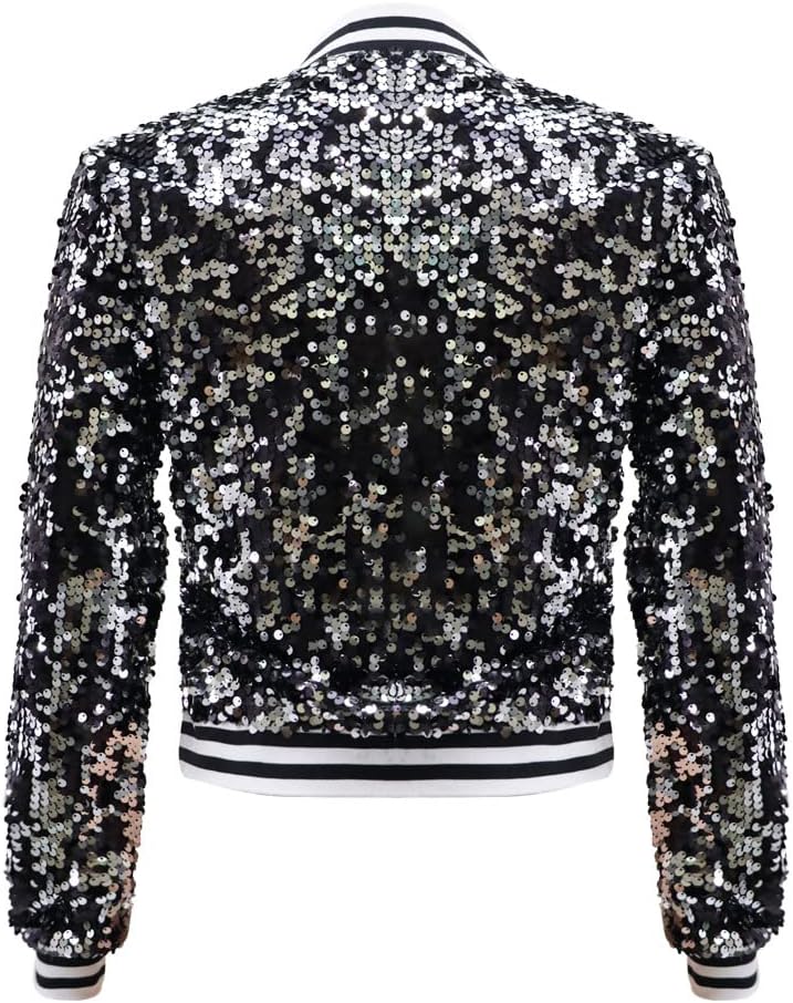 Women Sequin Jacket Long Sleeve Front Zipper Ribbed Blazer Bomber Jacket - Image 6