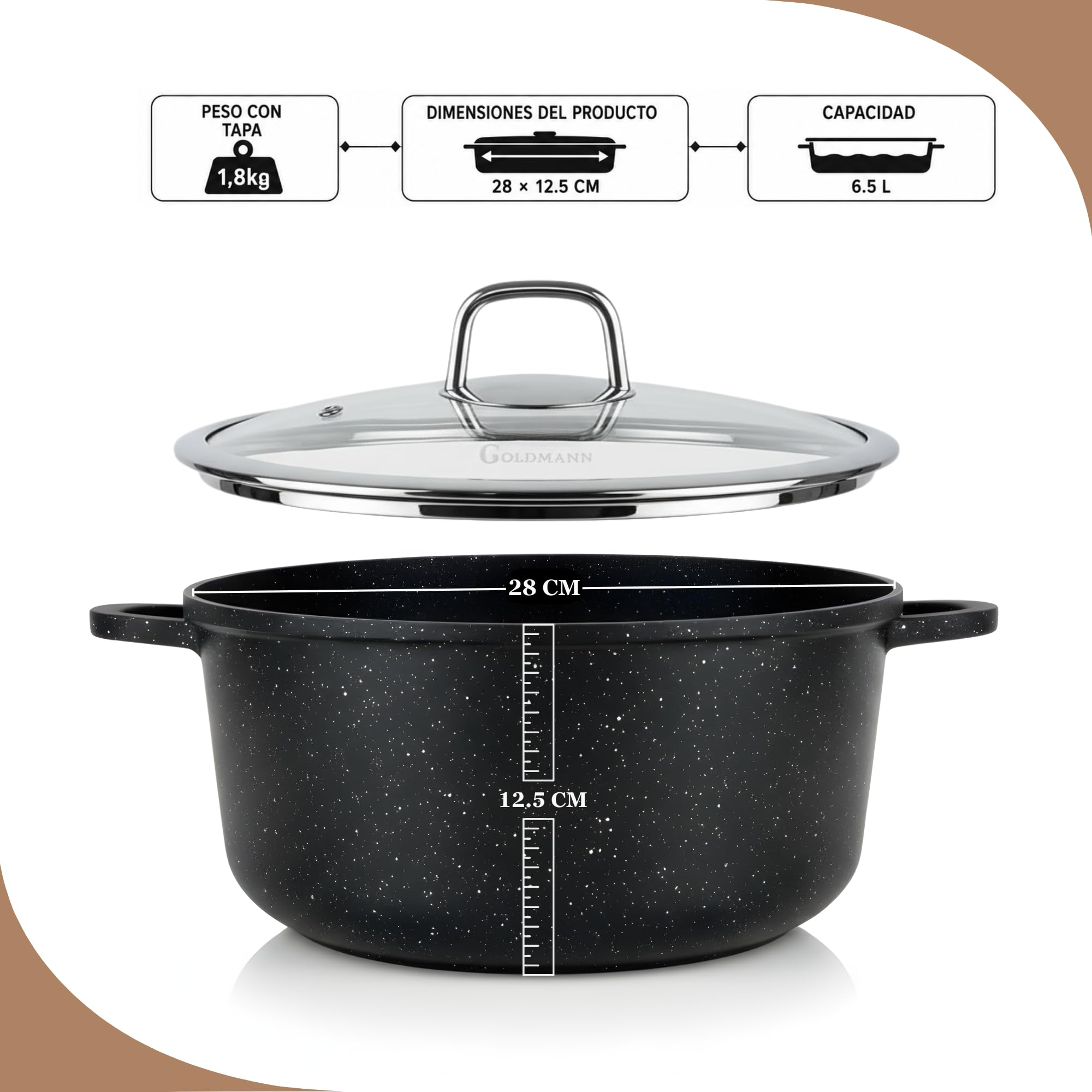 Olla cocina aluminio fundido GOLDMANN, 28 cm - 6.5 L, con revestimiento antiadherente de mármol cerámico, tapa de vidrio, apta para inducción y todo tipo de cocinas, apta para horno y libre de PFOA.
