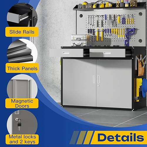 Miniatura 6 de Banco de trabajo de 48 pulgadas, banco de trabajo resistente de capacidad de 2000 libras con cajones y almacenamiento, mesa de trabajo con luz y