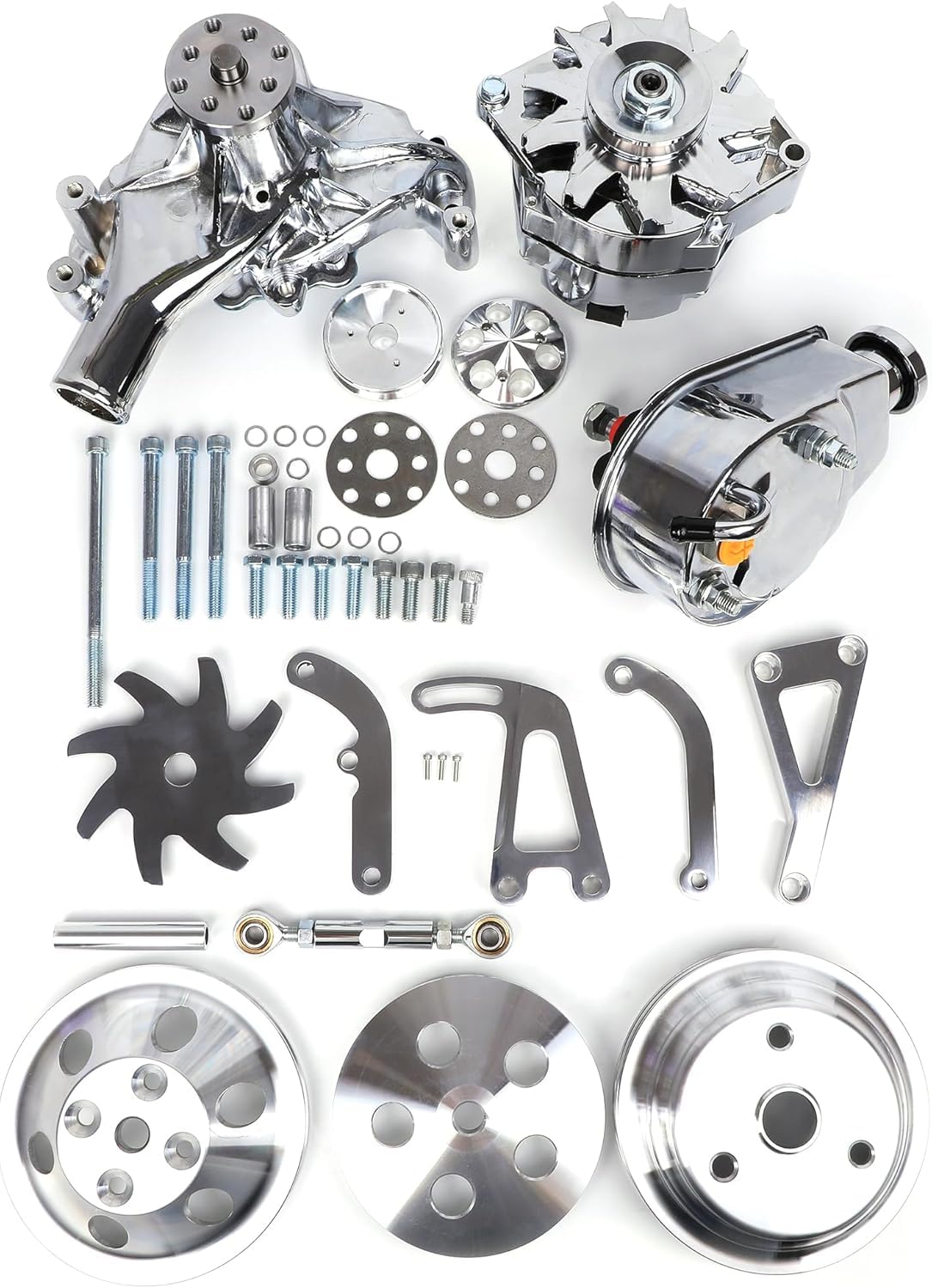 SBC for Chevy Chrome Long Water Pump + Power Steering Pump + 130W Chrome Alternator Kit, Small Block for Chevy 283 302 305 350 400 V-Belt Kit LWP ALT PS