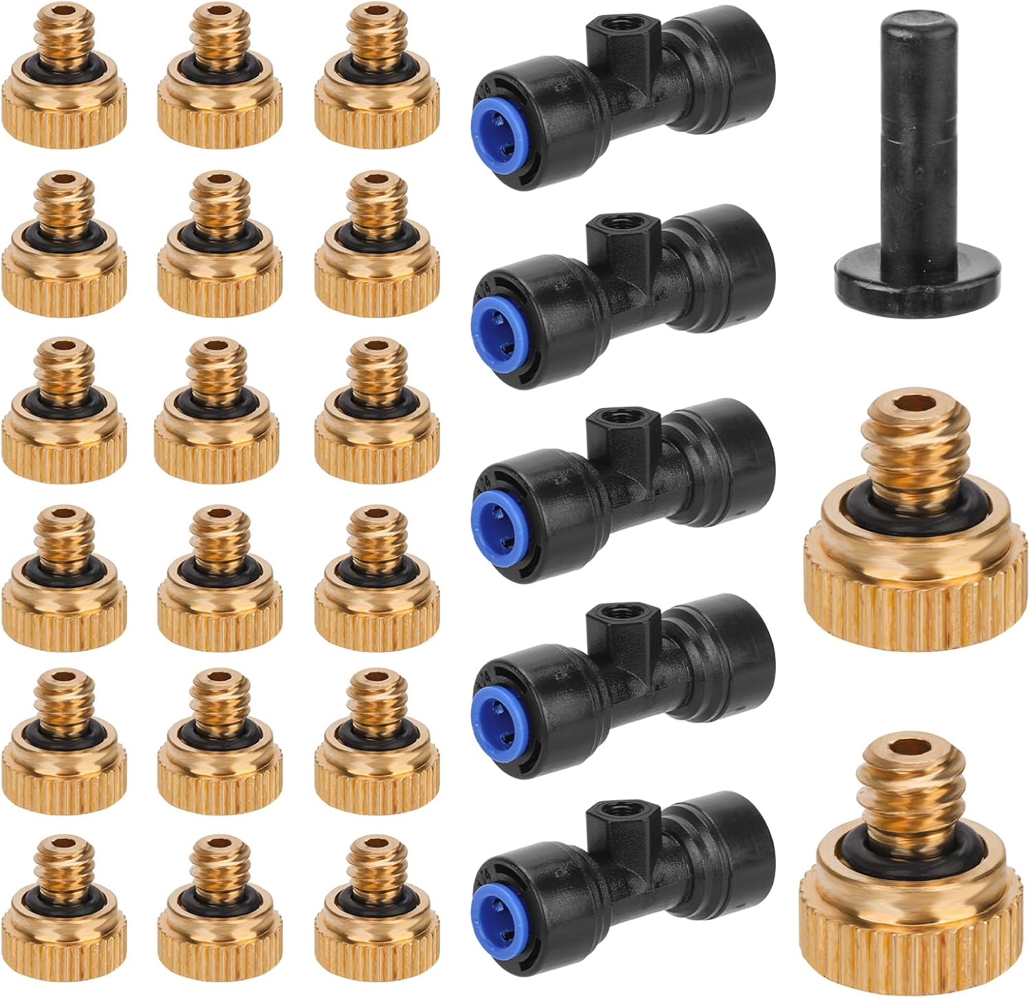 Misting Nozzles Kit, 20pcs Brass Spray Nozzles & 5pcs Water Misting Nozzle Tees with 1 Black Plug Reliable Threaded Misting Nozzles for 1/4 Tubing Outdoor Cooling System