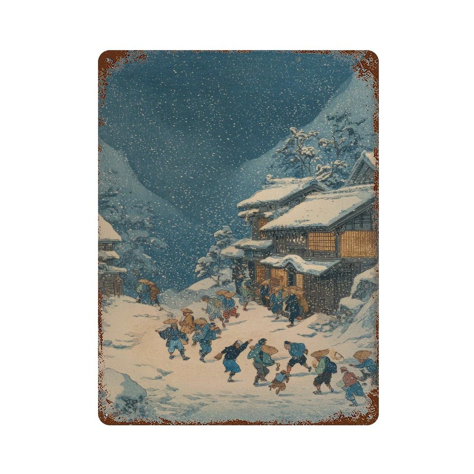xiaoxiaoshen Snowy Village Scene. Ukiyo Wall Decor Art Metal Tin Poster Modern Home Decor Art Home Bar Shop Decorations Vintage Sign 40x30cm
