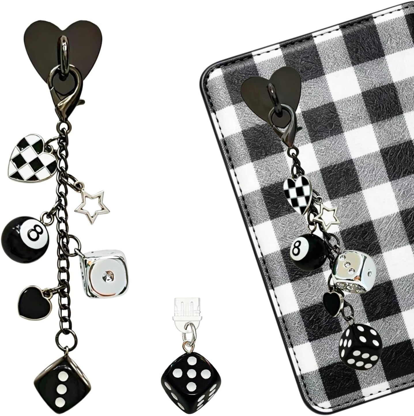 Charm Chain for Kindle, E-Reader Charms Chain with Dice Dust Plug Type C Dice Heart Star Decor Compatible with Kindle and Phone Keychain Decorating Accessories Bookish Gifts