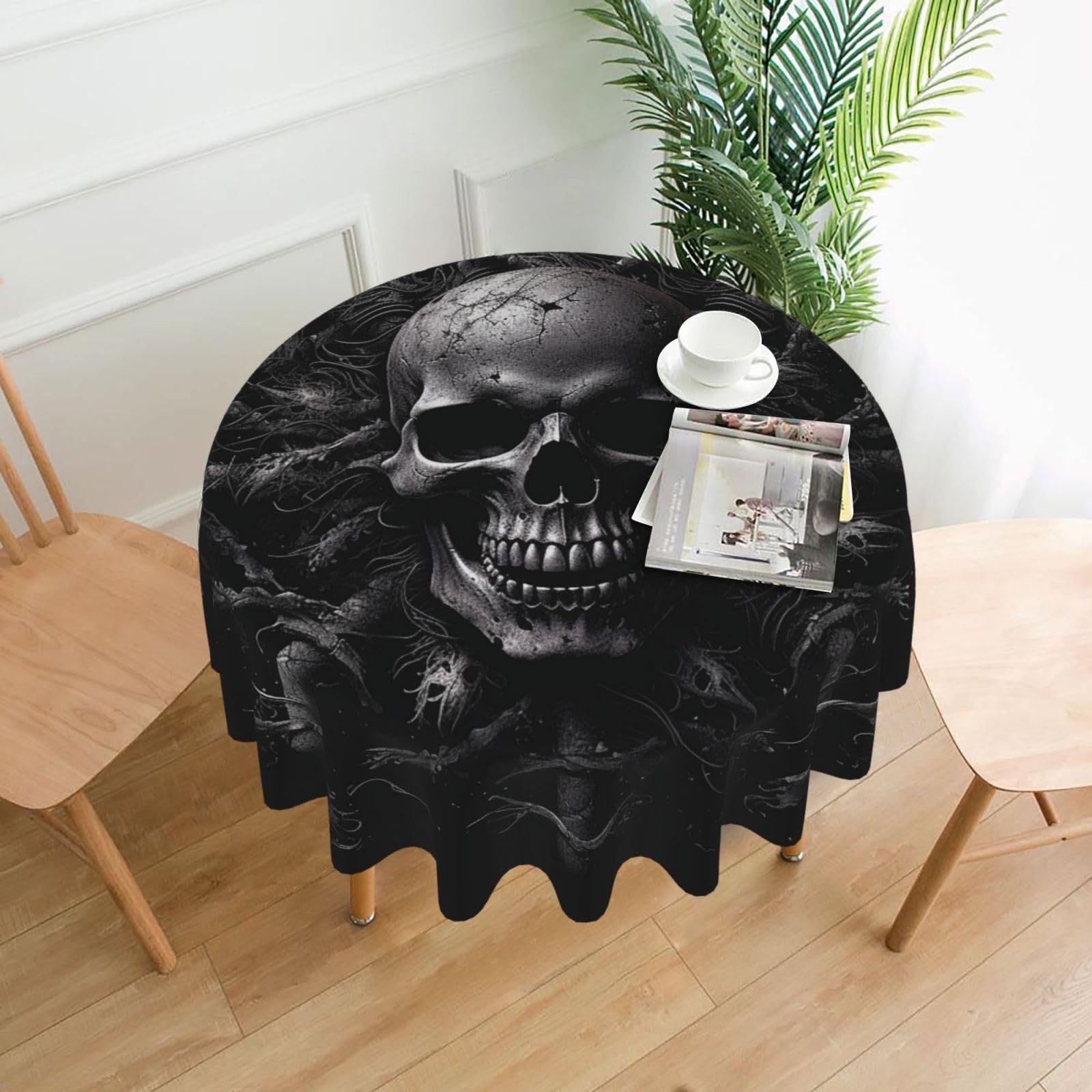 QMKFWT - Skull Pattern Round Tablecloth with Shelf - Dust Resistant Wrinkle Resistant Washable Polyester Table Cloth for Kitchen Dining Farmhouse Picnic Indoor Outdoor (Round