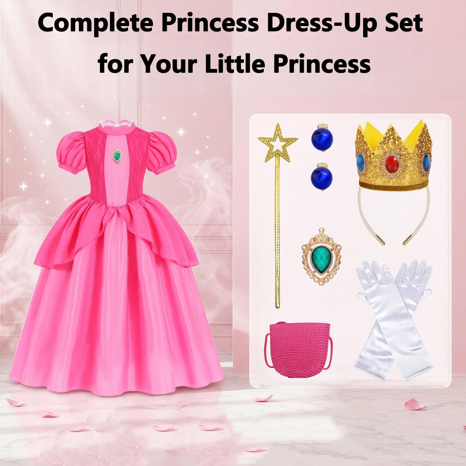 Pink Princess Themed Outfit for Girls Dress Set with Crown Wand Bag Gloves Earrings Royal Dress Up Outfit