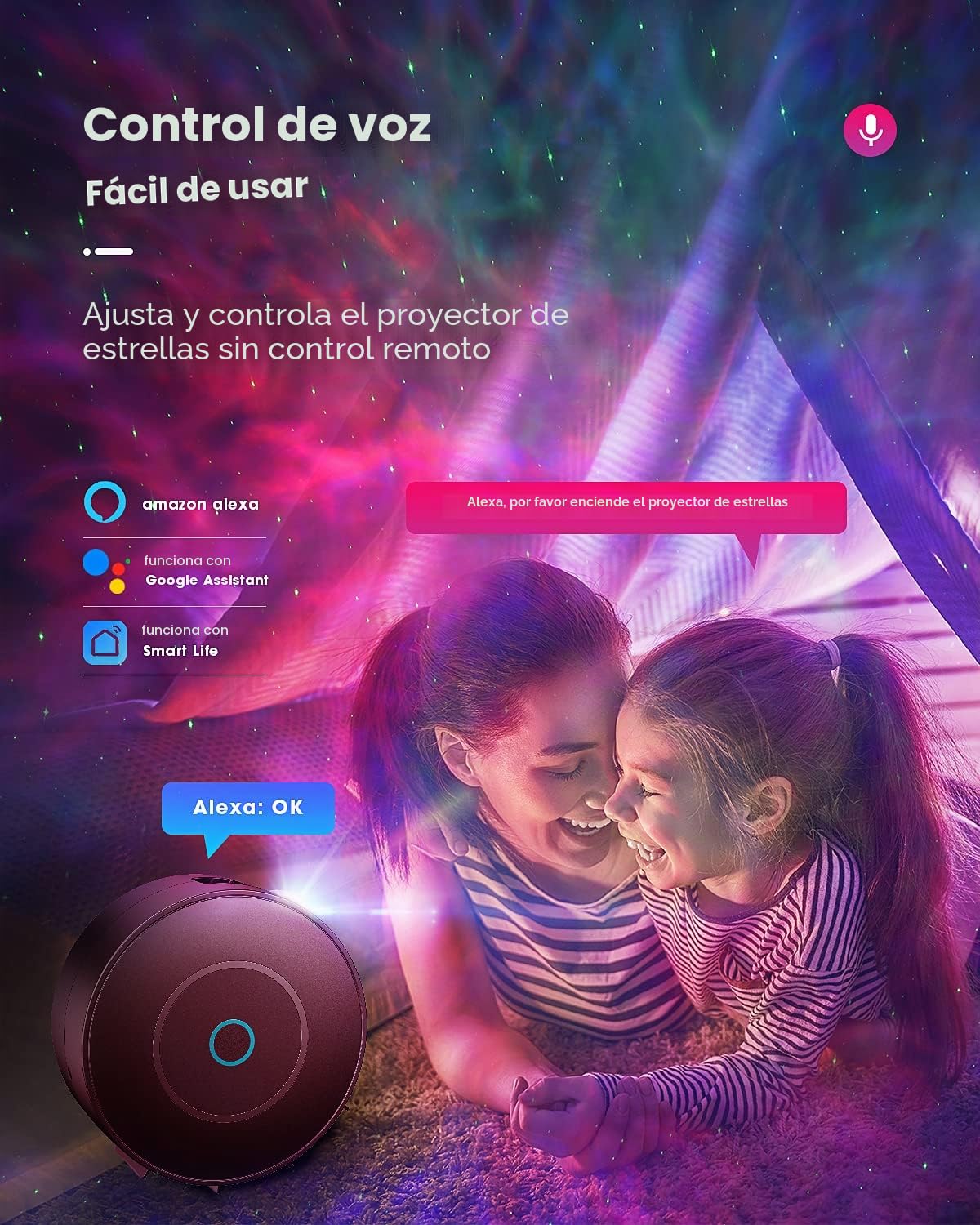 SUPPOU Proyector LED Alexa cielo estrellado, Smart Nightlight 3D Galaxy Proyector estrellado Lámpara para niños adultos con regulador RG/control de voz/conexión WiFi/compatible con Alexa Google