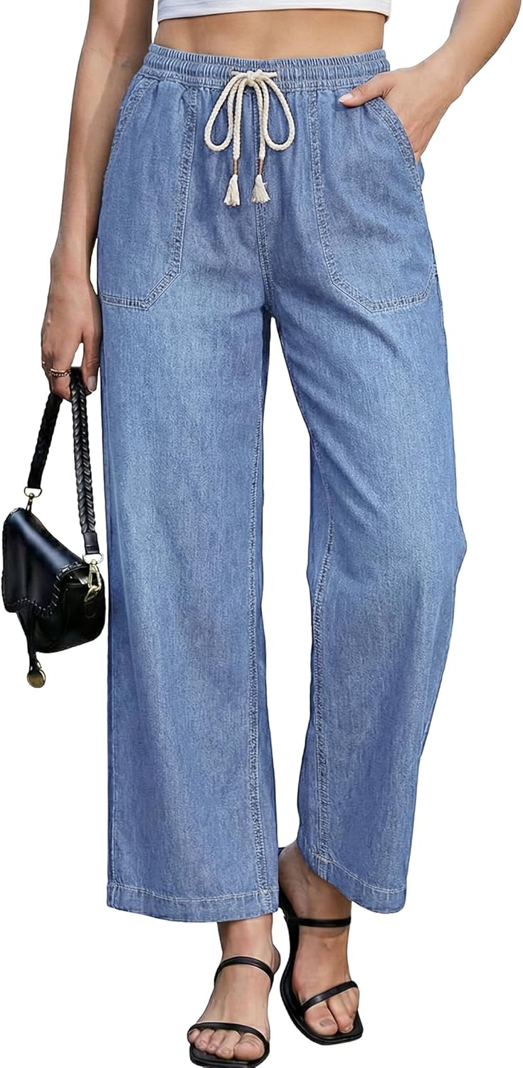 luvamia Wide Leg Jeans for Women Trendy High Waisted Pull On Elastic Waist Drawstring Ankle Length Denim Trouser Pants