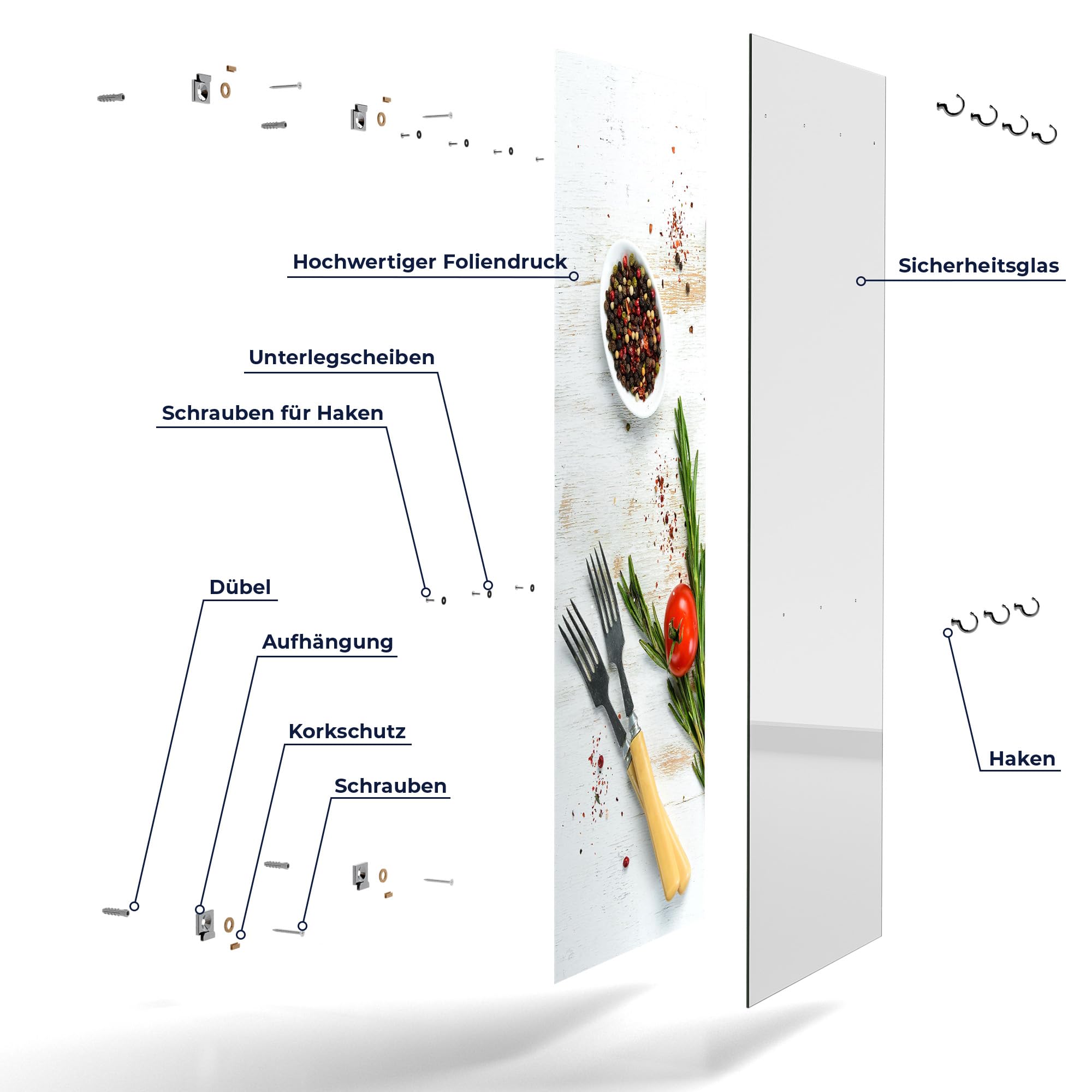 DEQORI Kleiderhaken aus Glas mit Motivdruck | Design vertikal, 50x125 cm | Motiv Küchenkräuter und Gewürze | ESG-Sicherheitsglas mit 7 Haken – beschreibbar & montagefreundlich – pflegeleicht