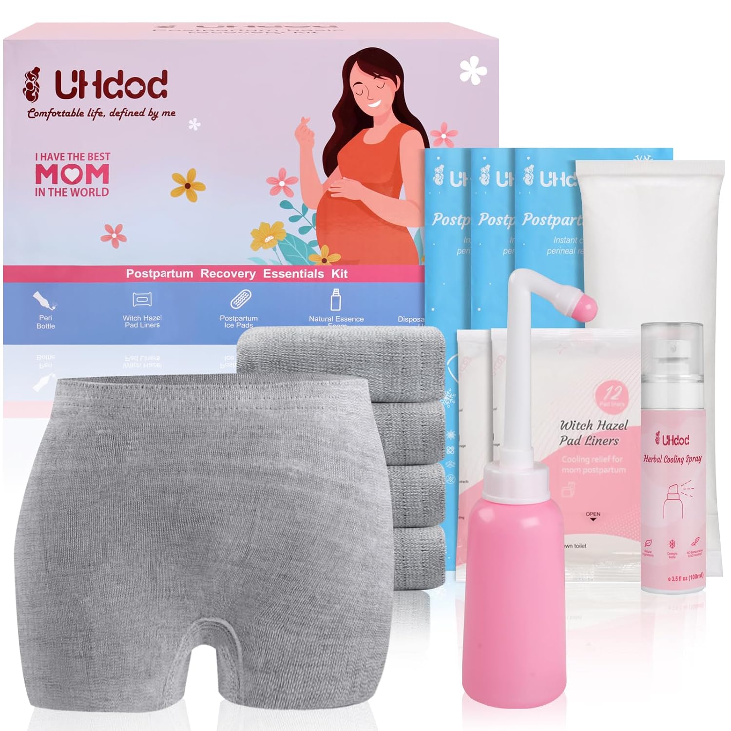 UHdod Postpartum Essentials Recovery Kit for Labor Delivery, Postpartum kit Gift Set for New Mom Includes Disposable Postpartum Underwear, Instant Ice Pads, Cooling Spray, Soothing Liners, Peri Bottle