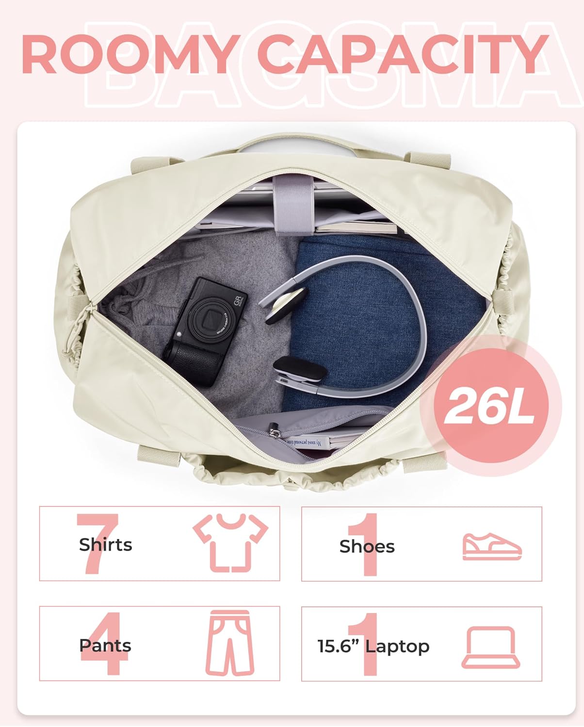 BAGSMART Weekender Duffle Bag with Shoe Bag - 26L Airport Carry On Overnight Gym Tote Bag for Sports and Travel Essentials (Beige-unfoldable)