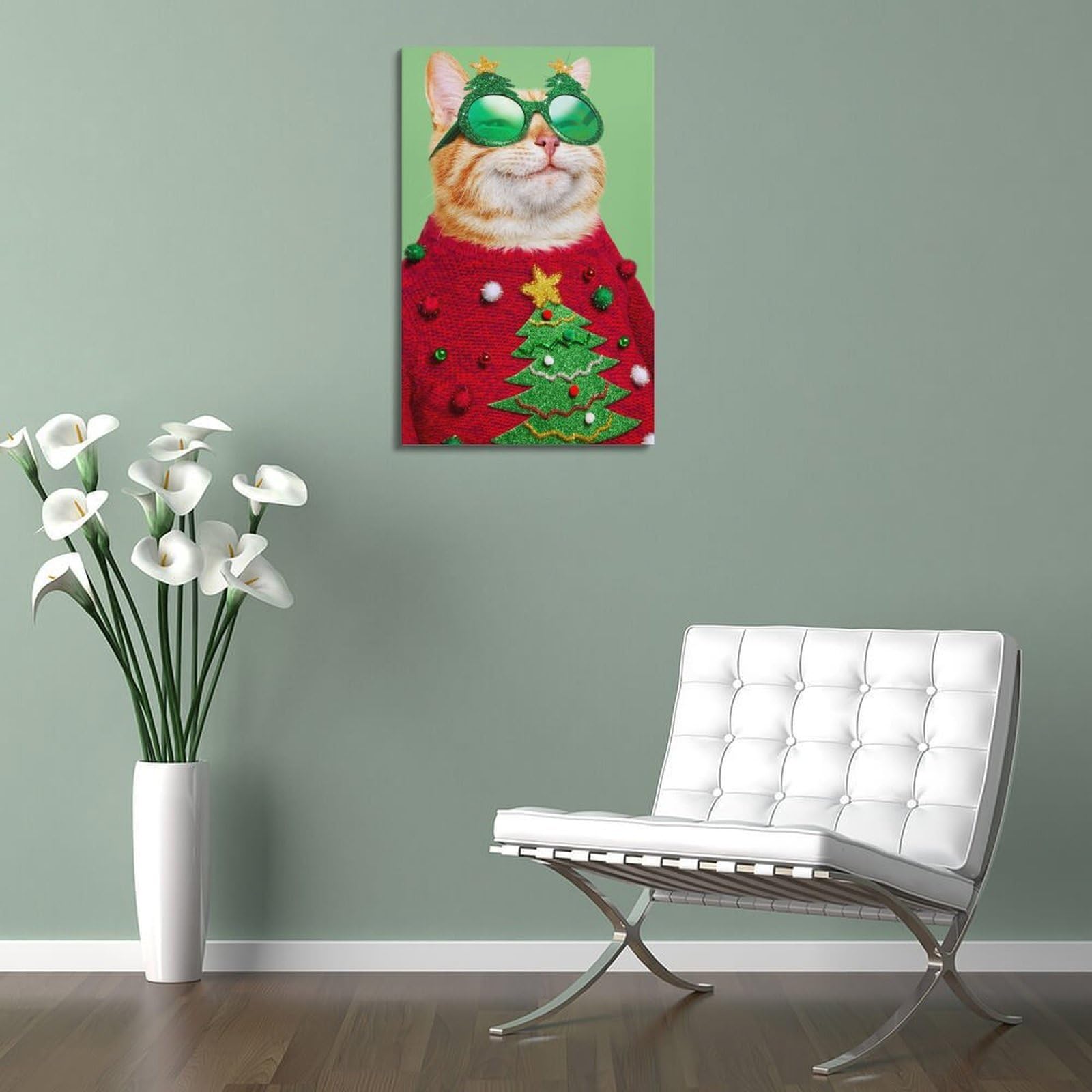CWLLOG Stampe artistiche da parete su tela, poster natalizio con simpatico gatto che mostra divertenti festival, decorazione moderna per soggiorno e camera da letto, 50 x 75 cm