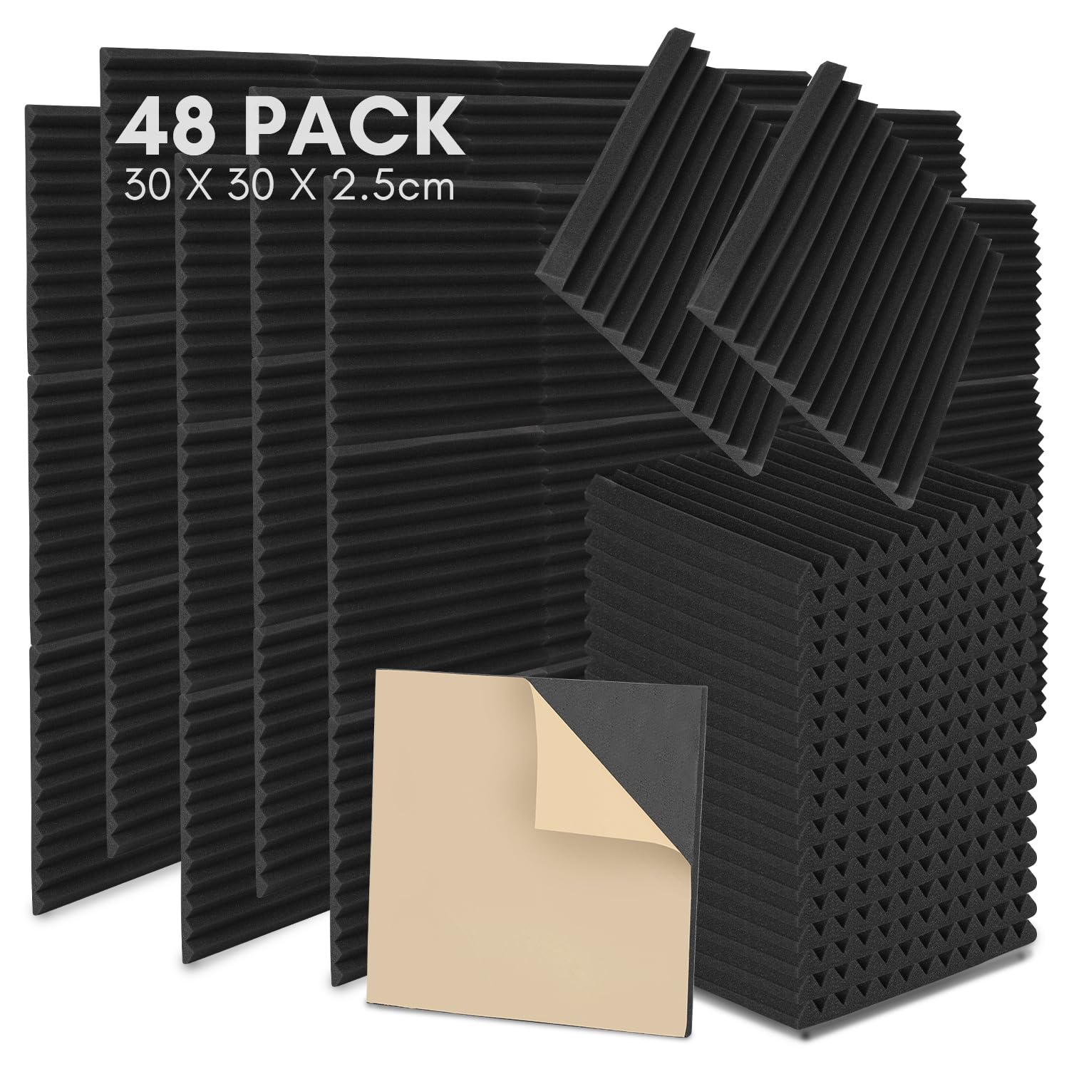 Sonnewelt Pianka akustyczna, samoprzylepna, 48 sztuk, 2,5 x 30 x 30 cm, 3D, pochłaniająca dźwięk 3D, płytki echo, redukcja izolacji akustycznej, do studia nagrań, biura, czarna klina