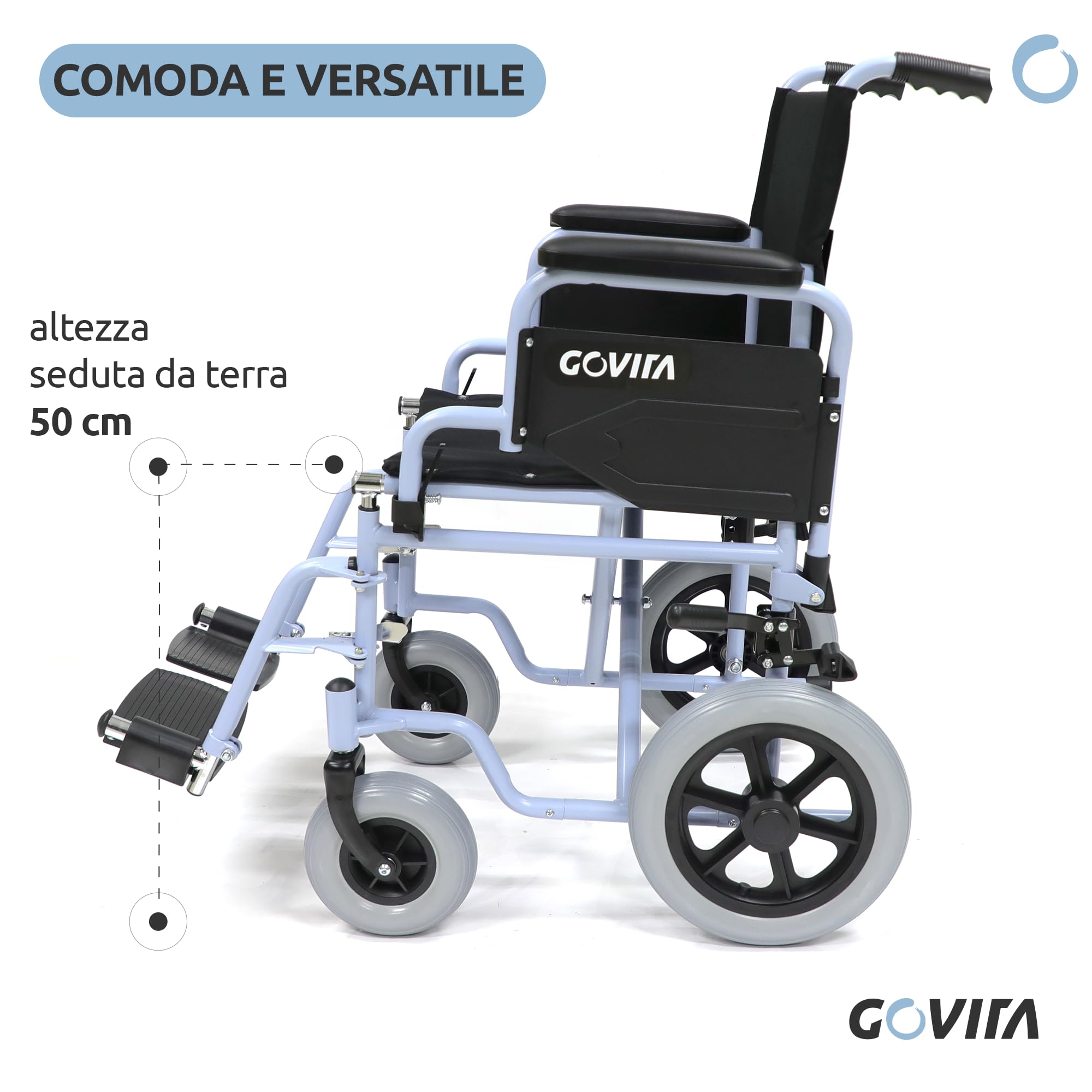 GOVITA - Sedia a rotelle pieghevole da transito leggera - Carrozzina richiudibile per disabili ed anziani, doppio sistema di stazionamento,Cintura di sicurezza,Garanzia Italia 24 mesi