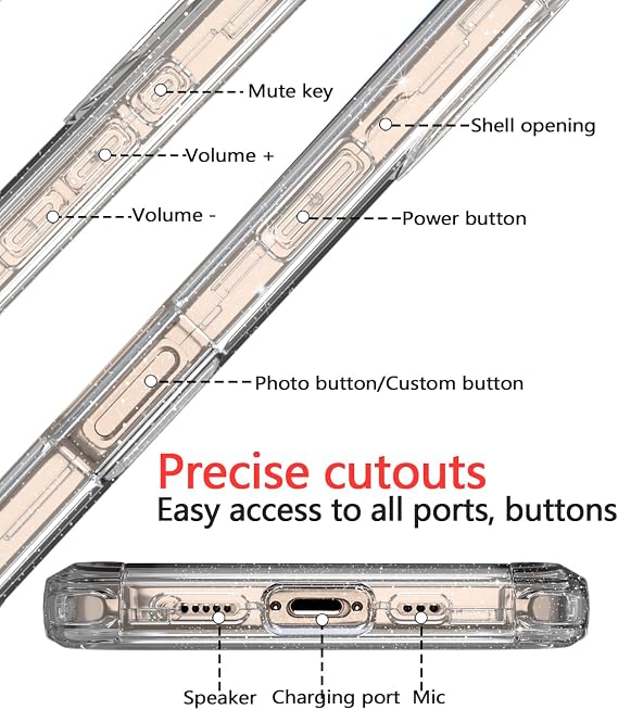 Diverbox iPhone 16 Pro用 ケース 耐衝撃 落下防止 強化ガラススクリーンプロテクター+カメラプロテクター Apple iPhone 16 Pro用高耐久保護フォンケースカバー グリッタークリア
