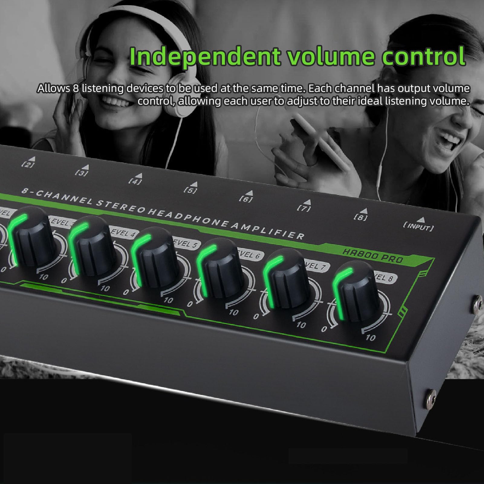 8 Channel Stereo Headphone Amplifier RGB Lighting Headphone Splitter Compact Amp Recording Studios Stage 8 Output 1 Input