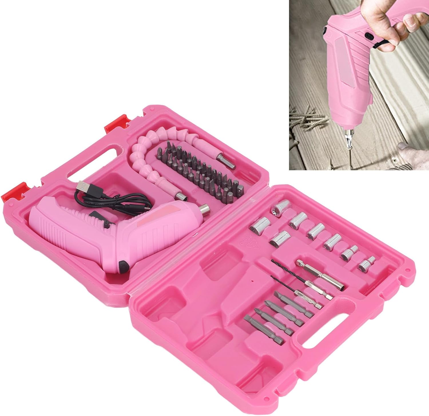 Electric Screwdriver Set Rechargeable USB Powered 180 Degree Rotatable Folding Cordless Screwdriver with LED Light Pink 3.6V 48 Piece Set for Home Repair DIY Projects