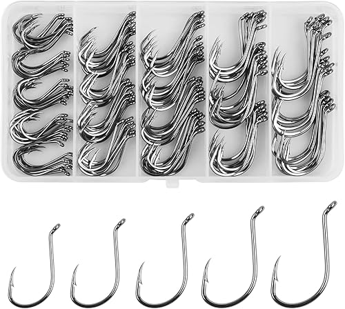 Miniatura 1 de Anzuelos de pesca de pulpo, 160 piezas, kit de ganchos de círculo de pico de pesca, negro compensado, acero de alto carbono, anzuelos de pesca de